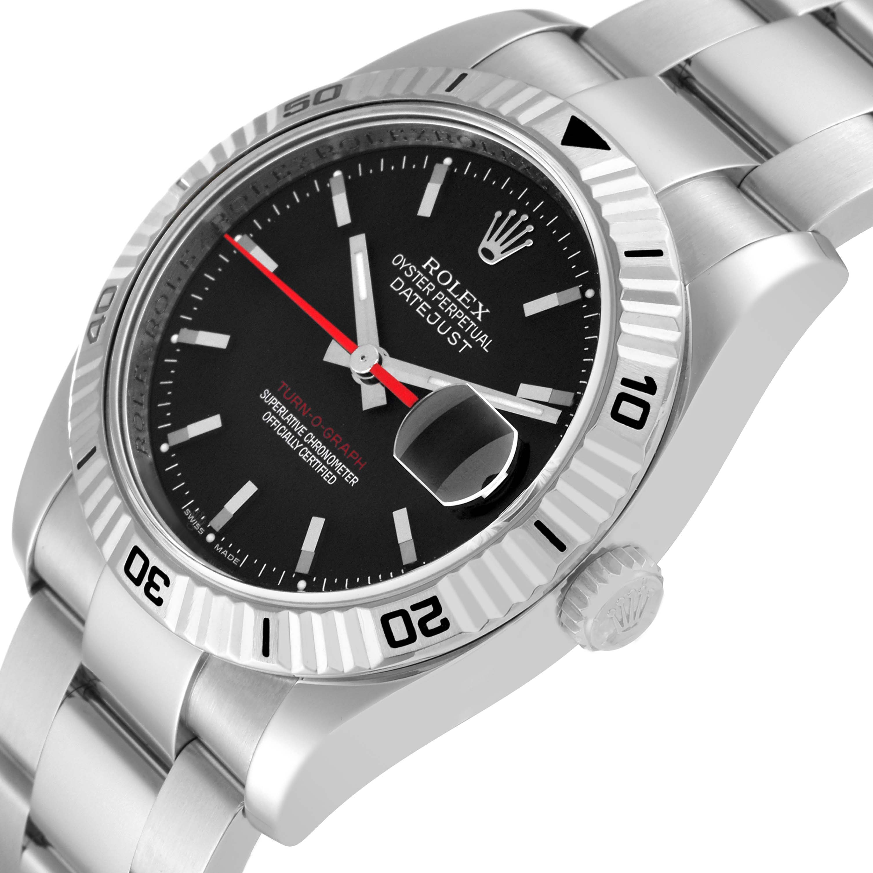 The image shows a close-up angle of the Rolex Turn-o-Graph 116264 Men
s Stainless Steel Black Dial 116264 Men
s Stainless Steel Black Dial watch, highlighting the dial, bezel, crown, and part of the bracelet.