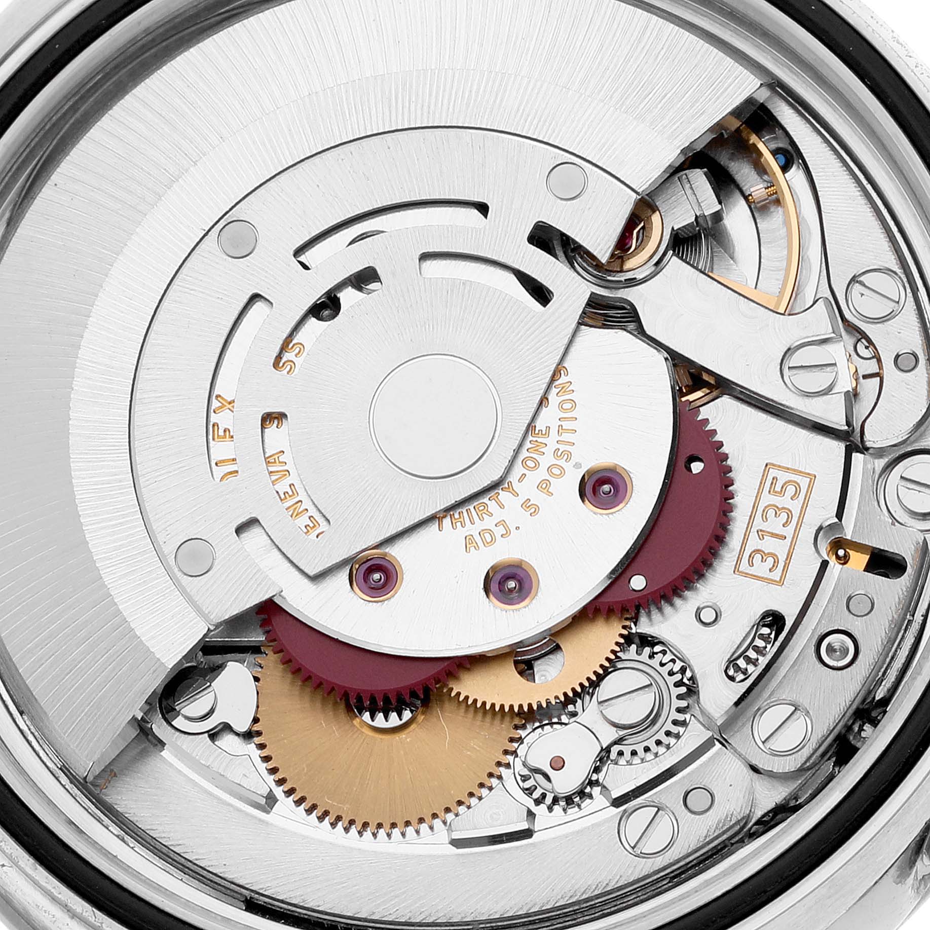 This is a close-up of the internal mechanism of a Rolex Turn-o-Graph 116264 Men
s Stainless Steel Black Dial 116264 Men
s Stainless Steel Black Dial watch, showcasing its movement and gears.