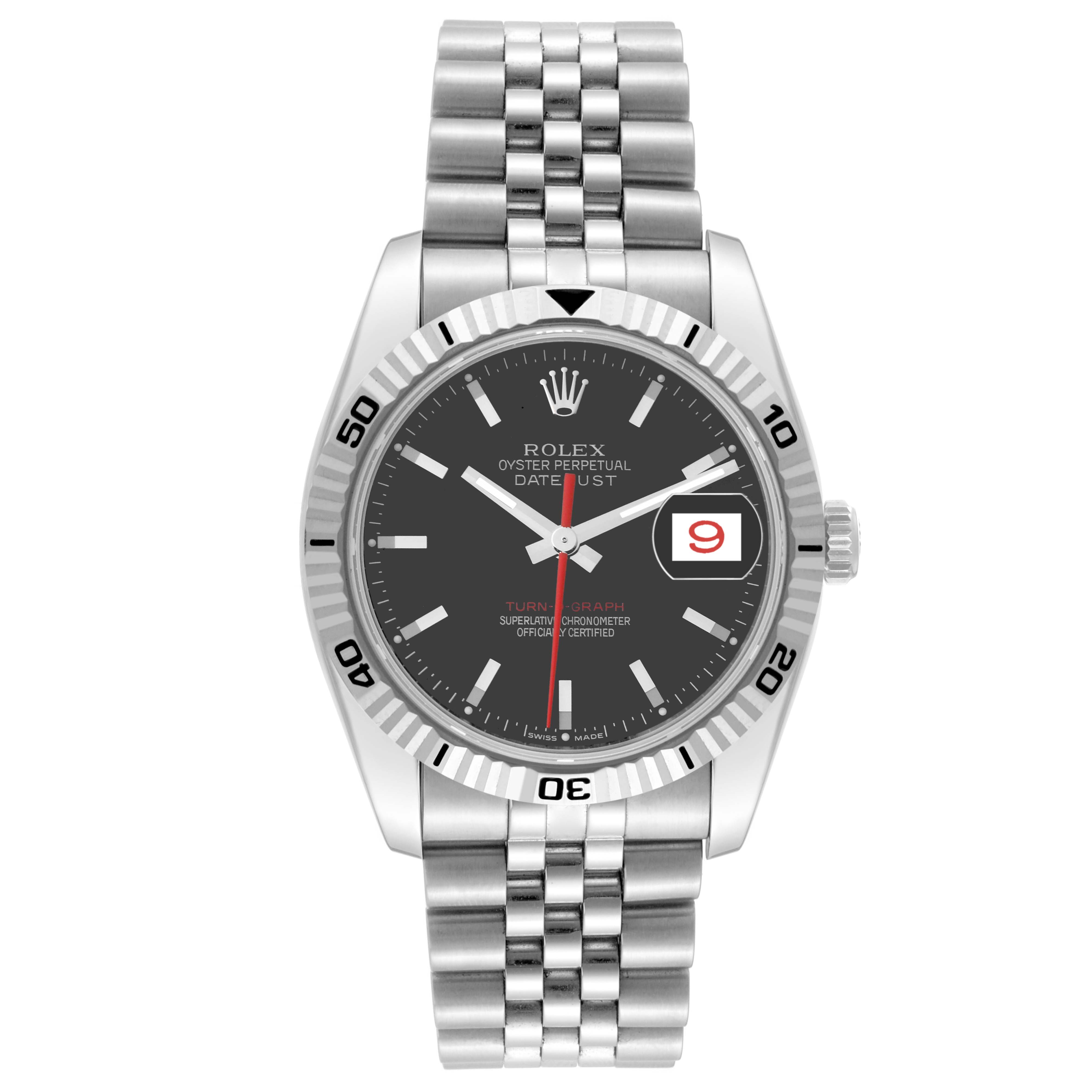 The image shows a front view of a Rolex Turn-o-Graph 116264 Men's Stainless Steel Black Dial 116264 Men's Stainless Steel Black Dial watch, displaying its dial, bezel, bracelet, and date feature.