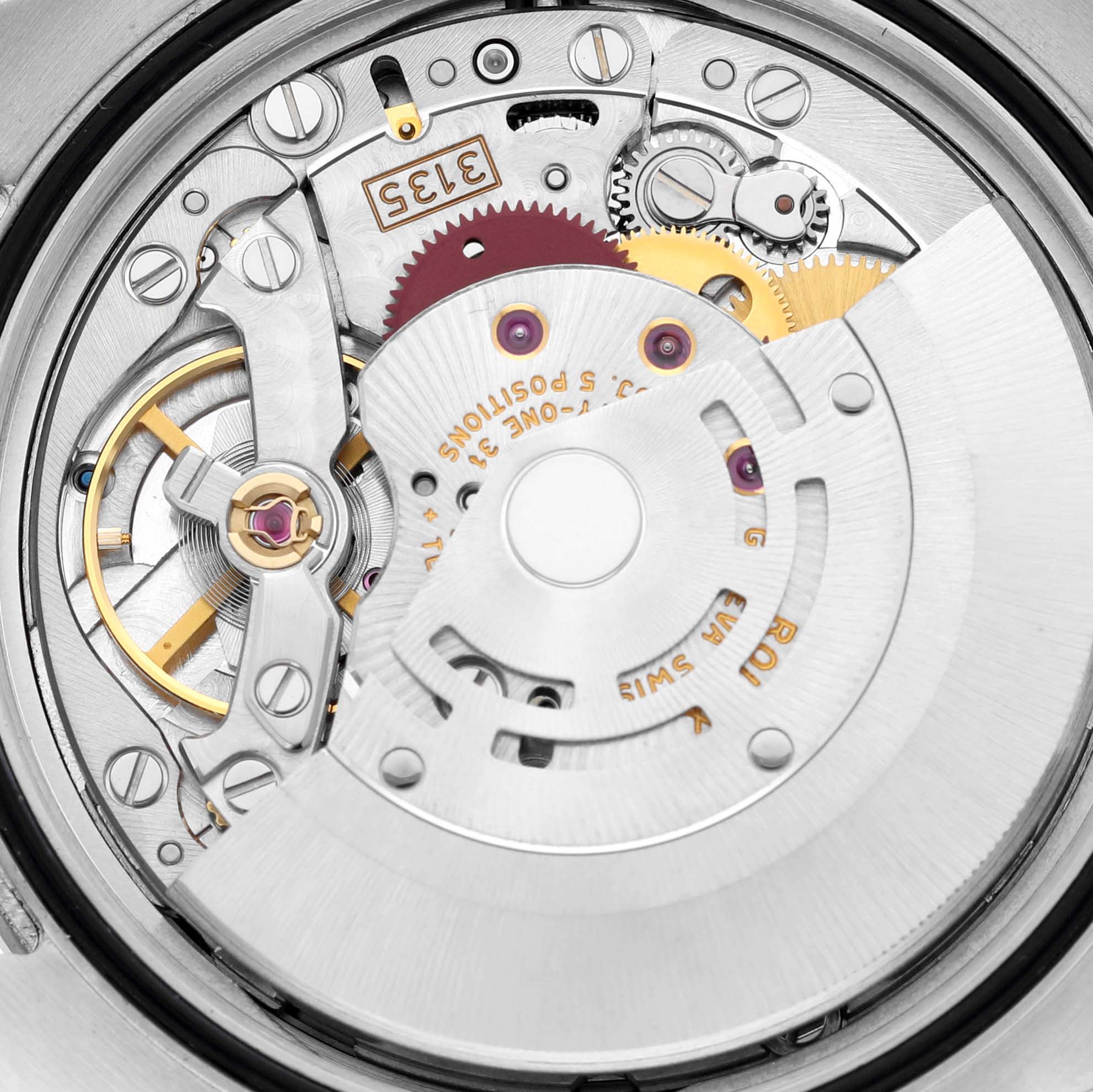 This image shows the inner mechanism of a Rolex Turn-o-Graph 116264 Men's Stainless Steel Black Dial 116264 Men's Stainless Steel Black Dial watch from a macro angle, highlighting its gears and movement.
