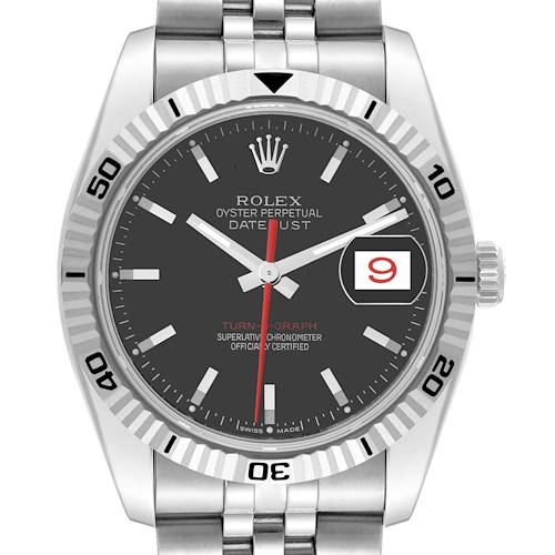 This image shows a front view of the Rolex Turn-o-Graph watch, highlighting its dial, hands, date display, and bezel.