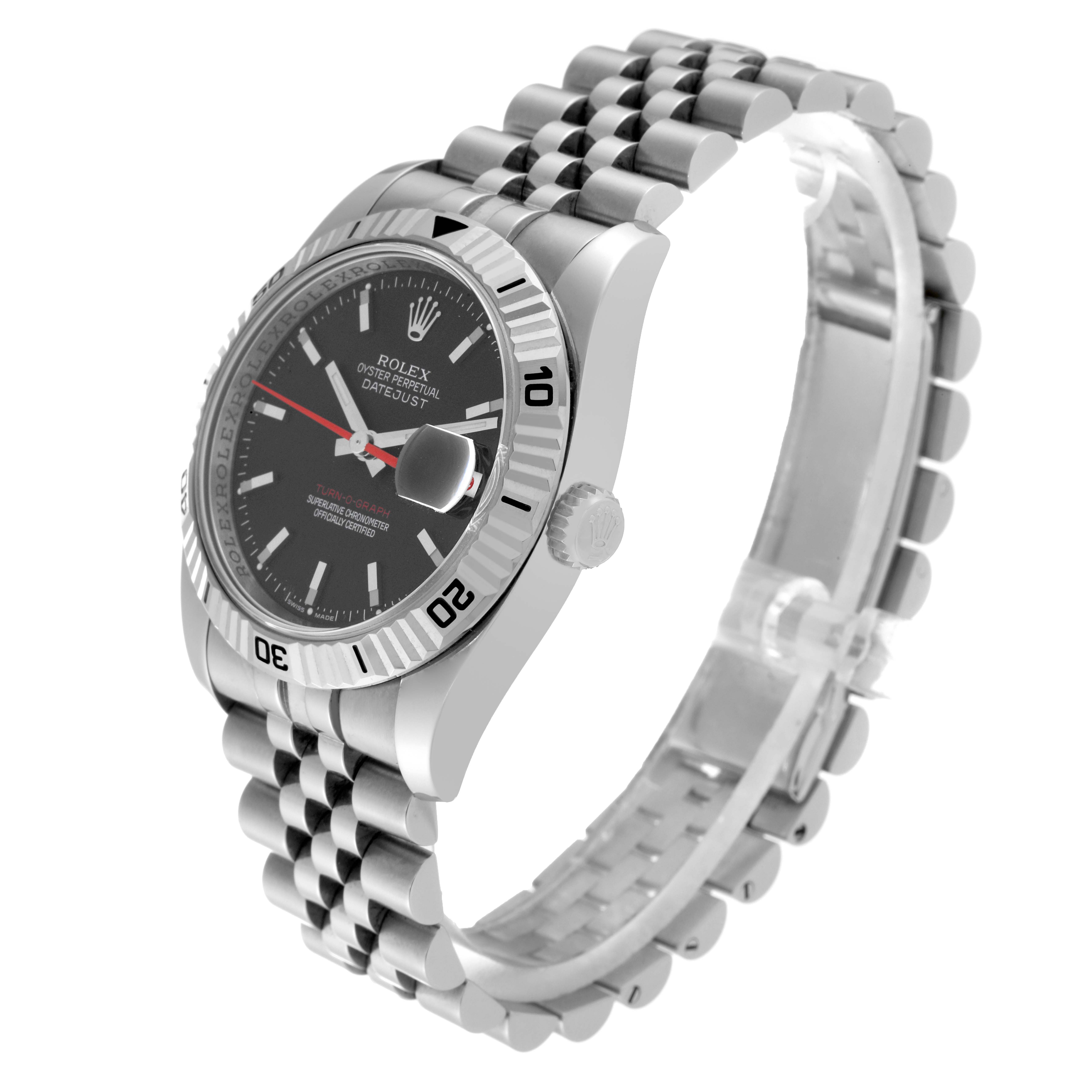 The image shows a side and slight top view of a Rolex Turn-o-Graph 116264 Men's Stainless Steel Black Dial 116264 Men's Stainless Steel Black Dial watch, highlighting its bezel, dial, crown, and metal bracelet.