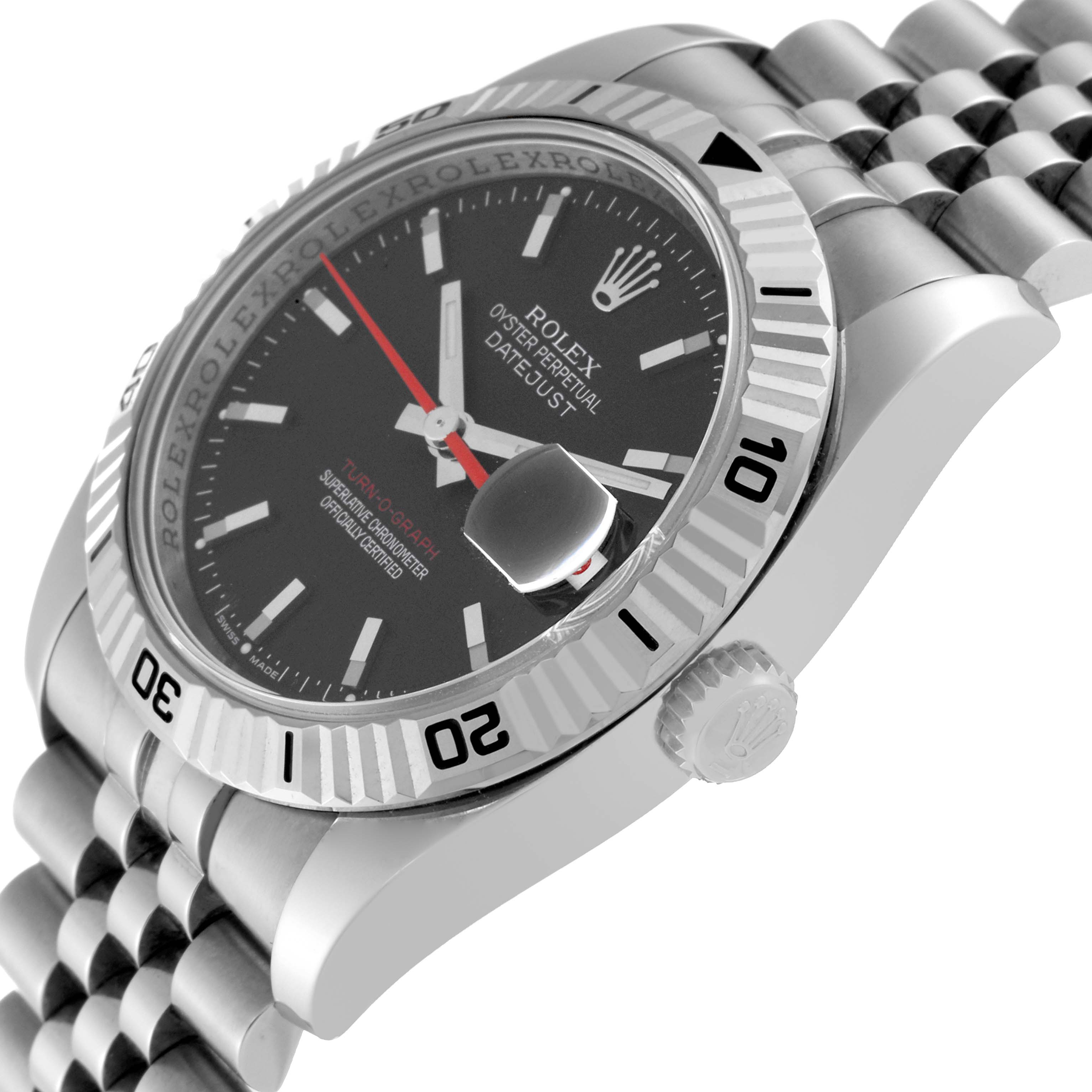 The image shows a close-up side angle of the Rolex Turn-o-Graph 116264 Men's Stainless Steel Black Dial 116264 Men's Stainless Steel Black Dial watch, highlighting its bezel, crown, bracelet, and part of the dial.