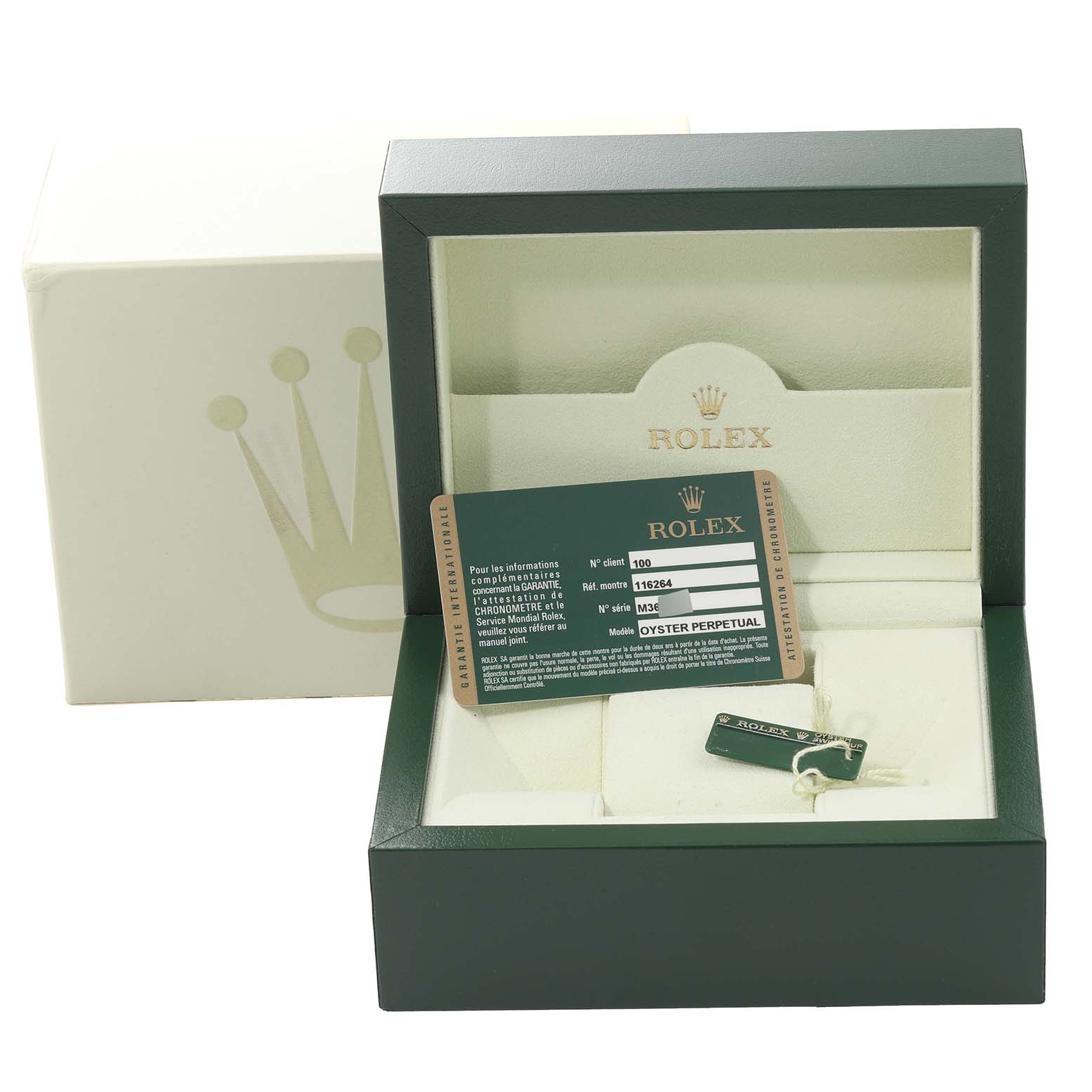This image shows the packaging, warranty card, and tag of the Rolex Turn-o-Graph 116264 Men's Stainless Steel Black Dial 116264 Men's Stainless Steel Black Dial watch in an open box.