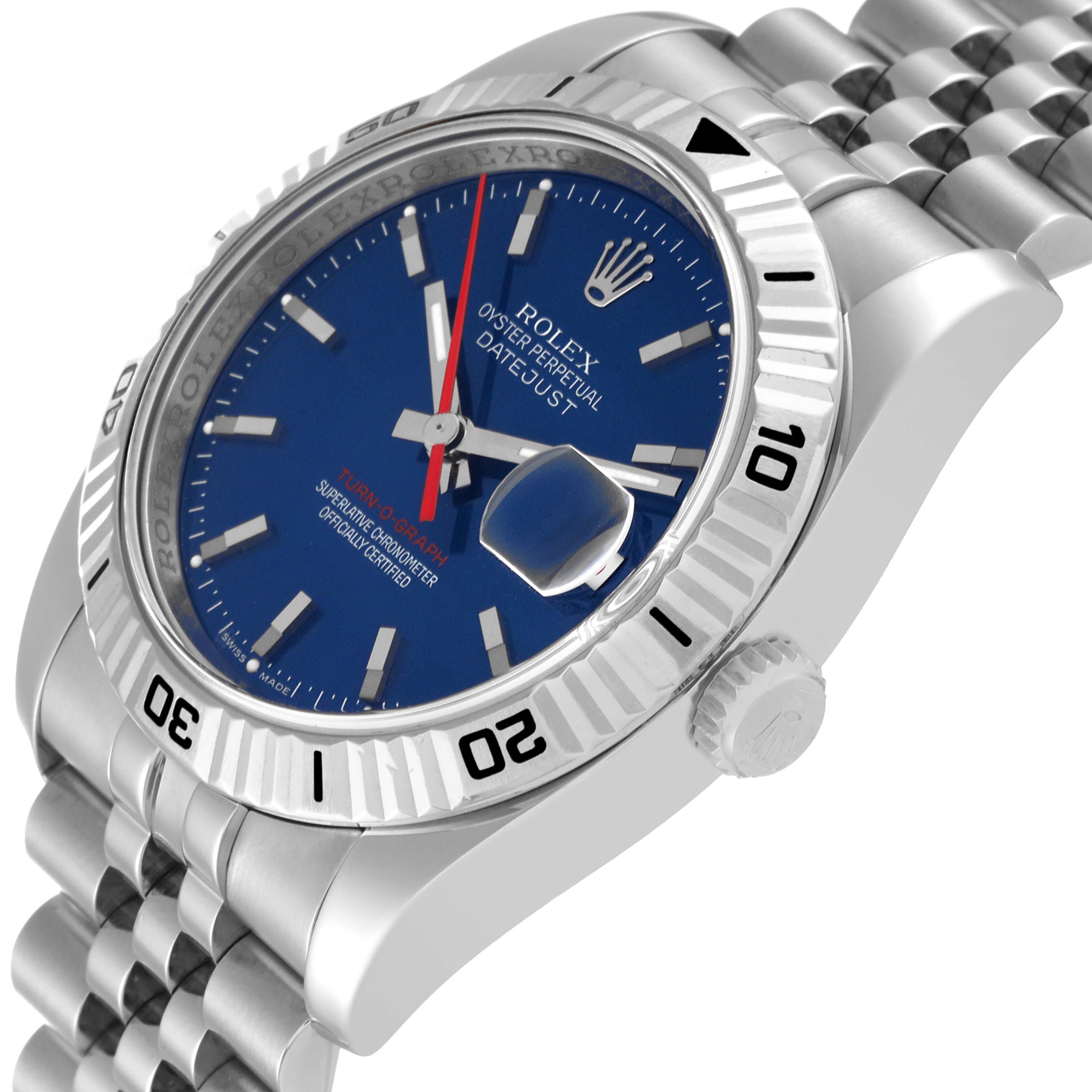 The Rolex Turn-o-Graph 116264 Men
s Stainless Steel Blue Dial 116264 Men
s Stainless Steel Blue Dial watch is shown at a slight angle from above, displaying its face, bezel, and part of the bracelet.