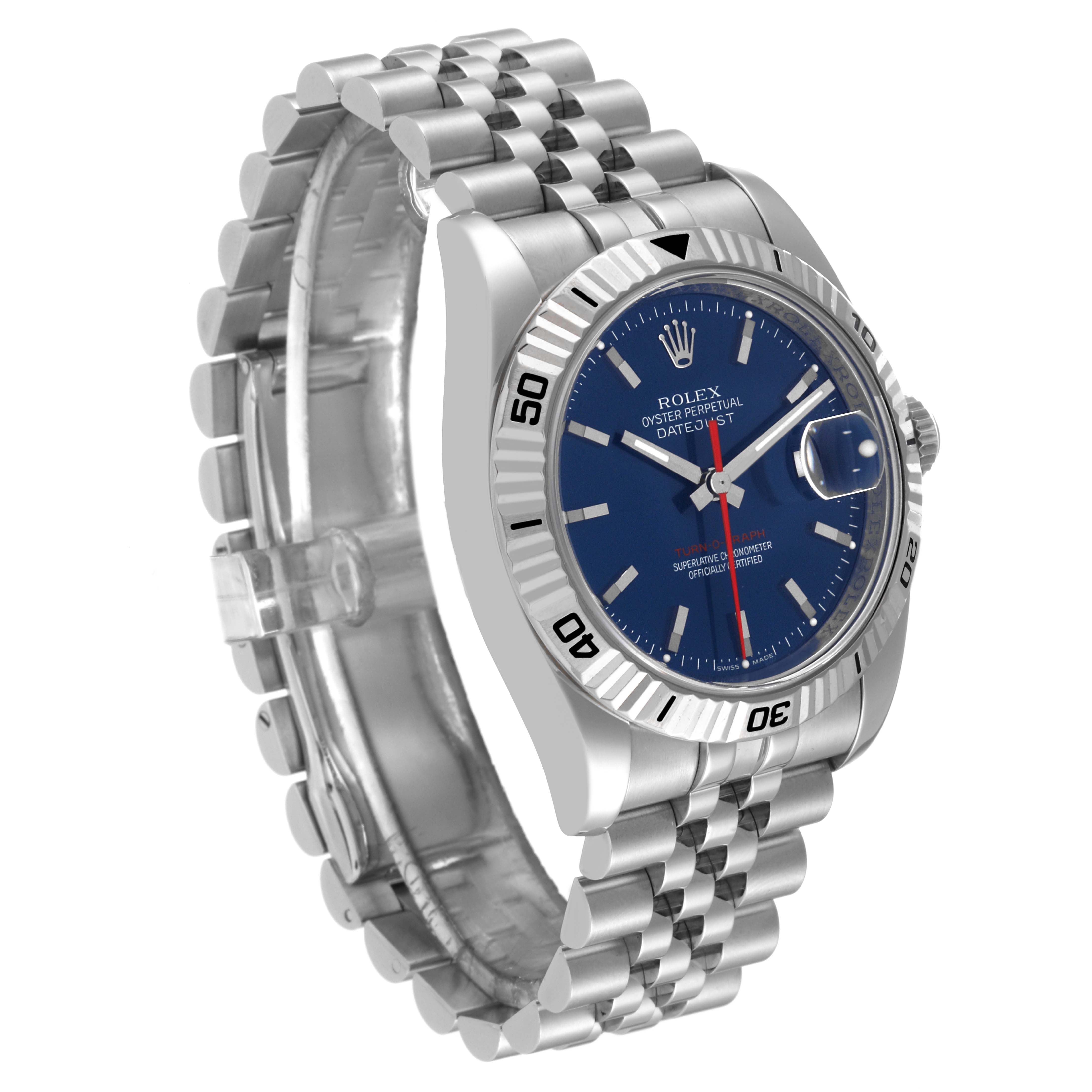 The image shows a Rolex Turn-o-Graph 116264 Men
s Stainless Steel Blue Dial 116264 Men
s Stainless Steel Blue Dial watch angled from the front-left, highlighting the dial, bezel, and bracelet.