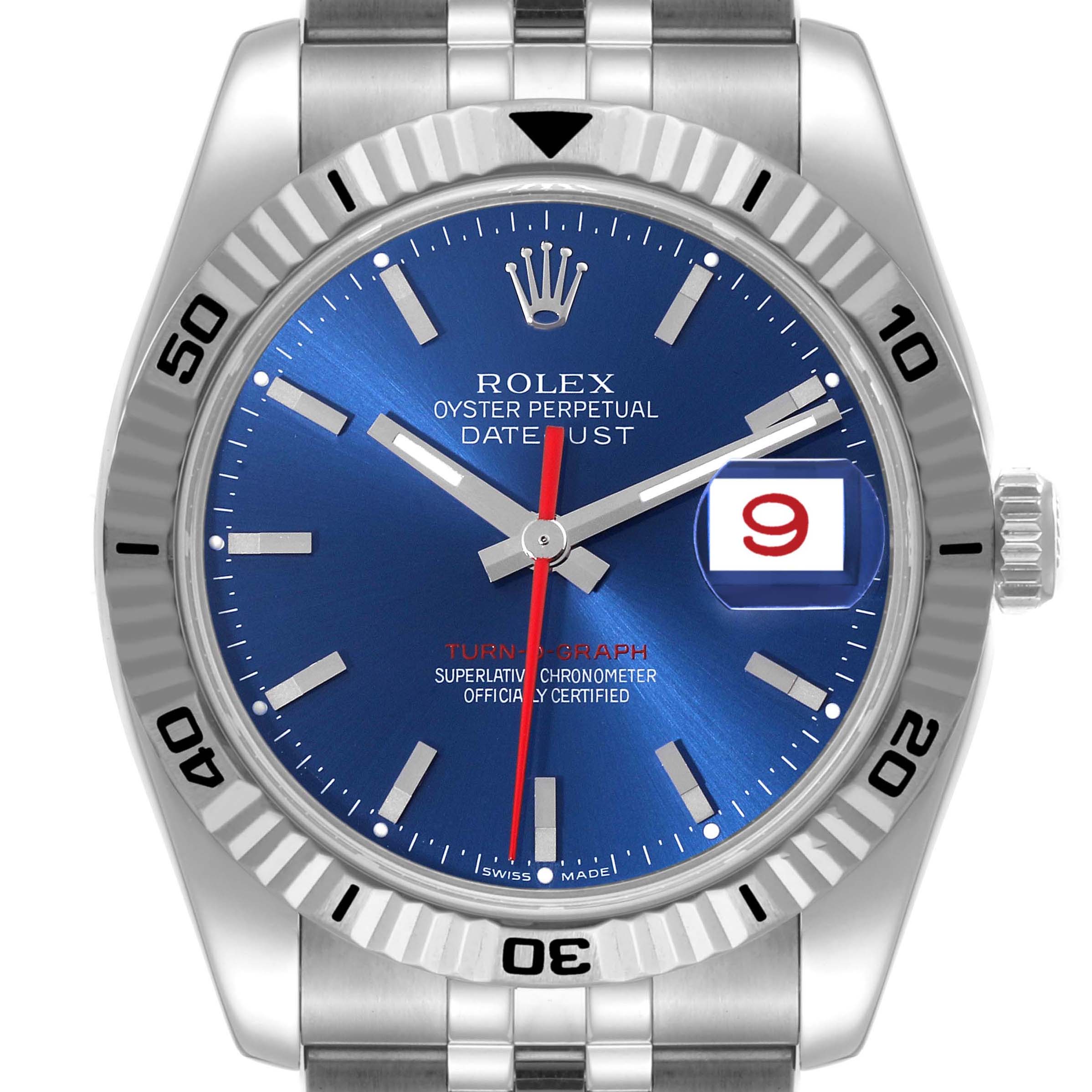 This image shows a front view of the Rolex Turn-o-Graph 116264 Men
s Stainless Steel Blue Dial 116264 Men
s Stainless Steel Blue Dial watch, highlighting its blue dial, date window, and distinctive bezel.