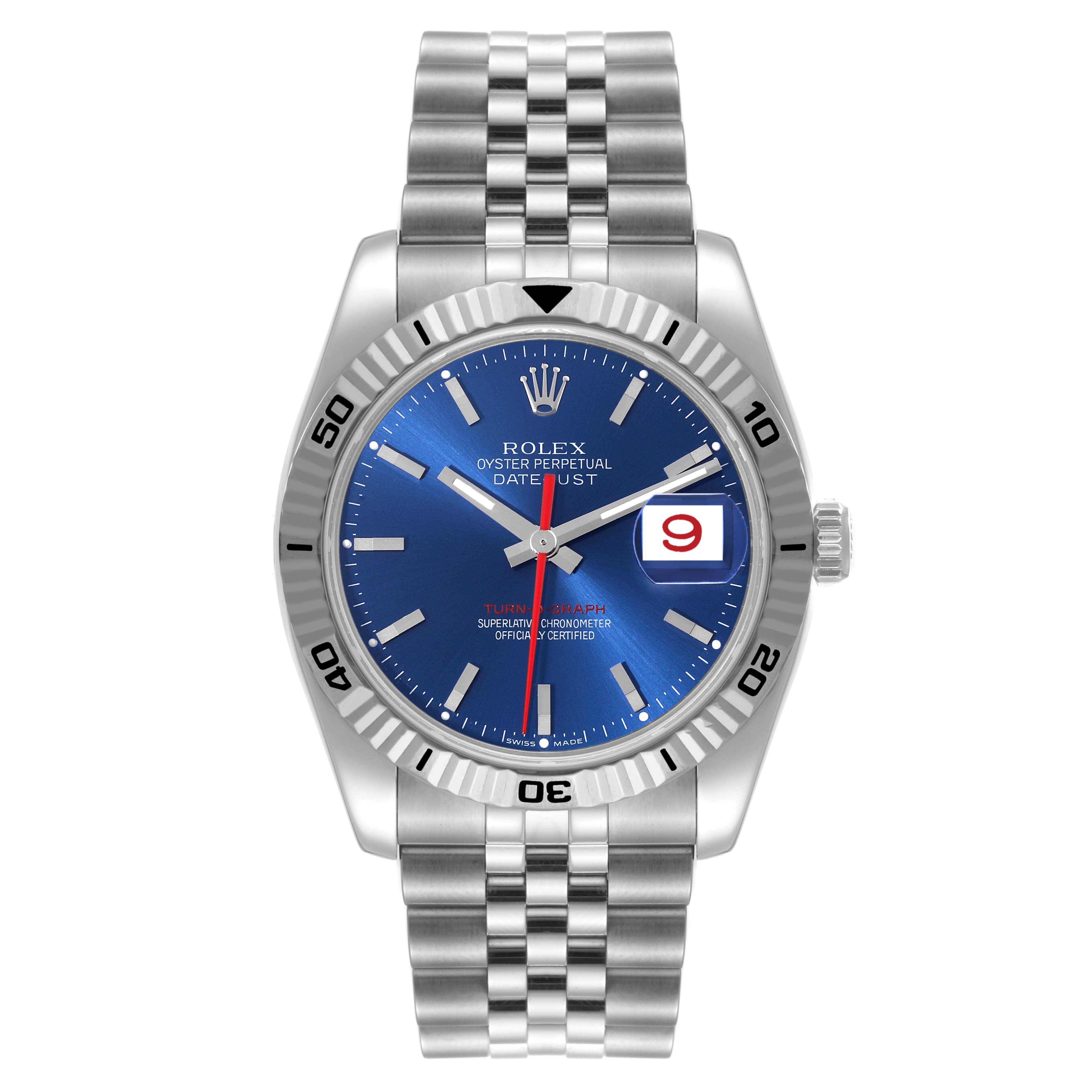 The image shows a front view of a Rolex Turn-o-Graph 116264 Men
s Stainless Steel Blue Dial 116264 Men
s Stainless Steel Blue Dial watch, highlighting its blue dial, fluted bezel, date window, and Jubilee bracelet.
