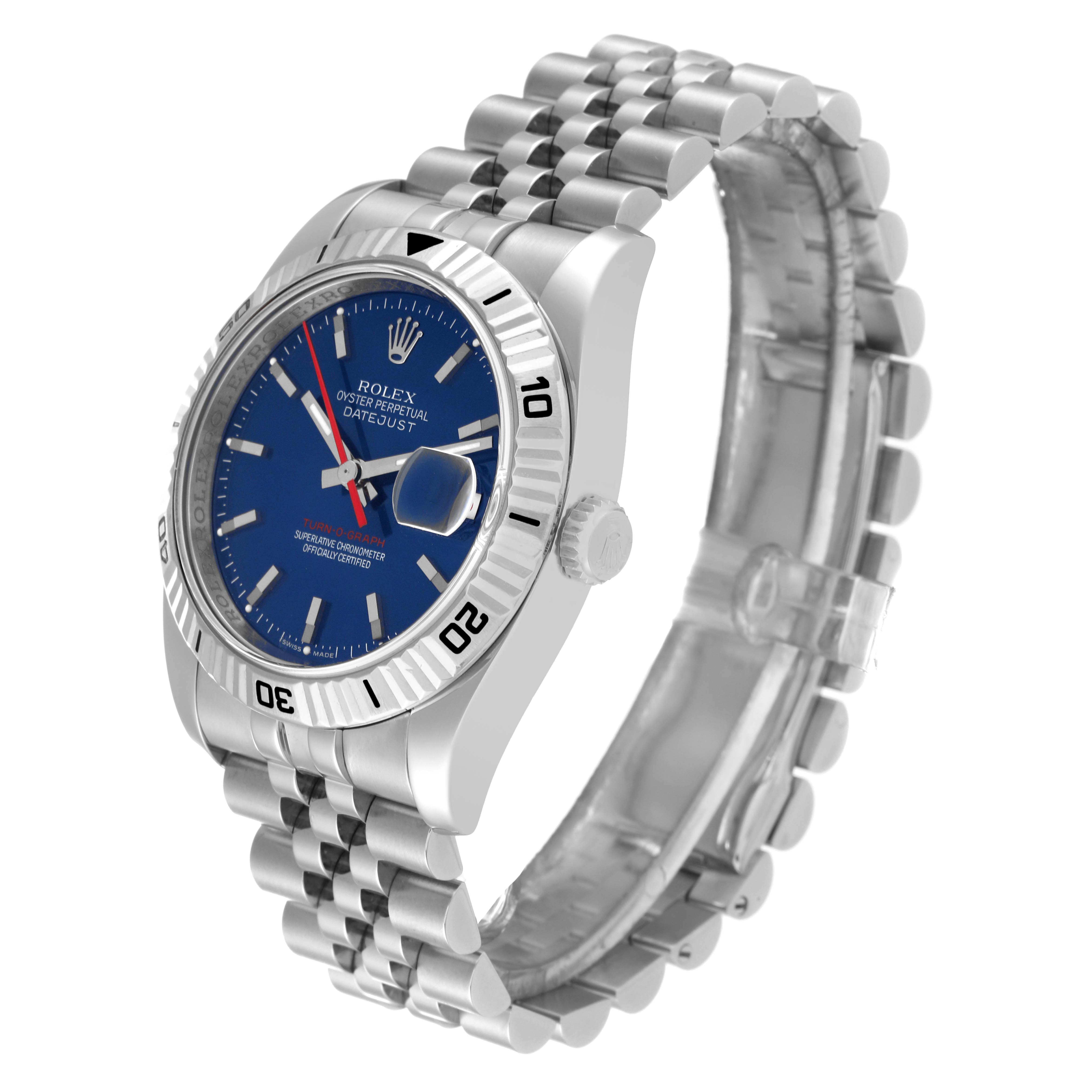 This image shows a Rolex Turn-o-Graph 116264 Men
s Stainless Steel Blue Dial 116264 Men
s Stainless Steel Blue Dial watch from a three-quarter angle highlighting its blue dial, bezel, and Jubilee bracelet.