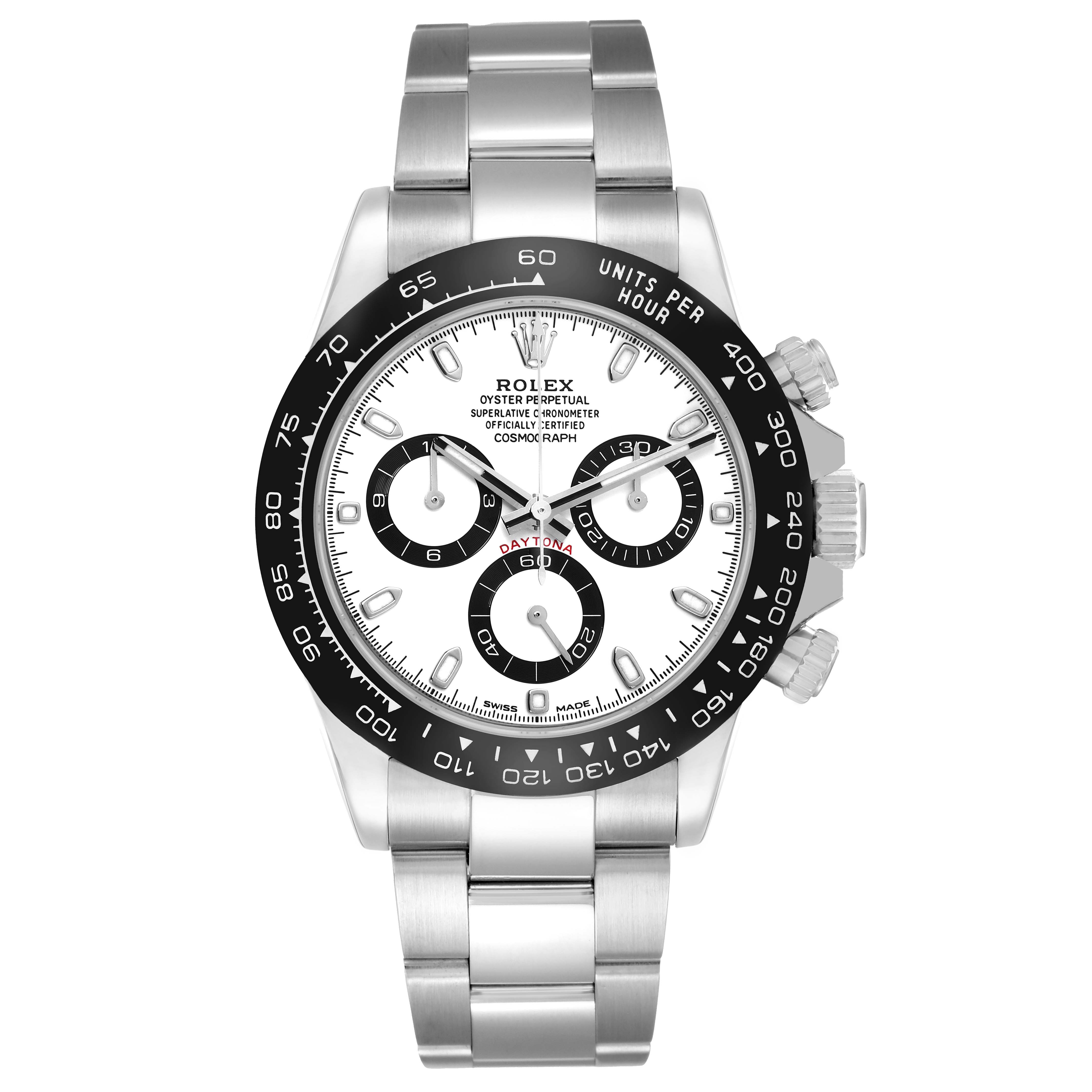 The Rolex Daytona 116500 Men
s Stainless Steel White Dial watch is shown from the front, featuring its dial, bezel, and bracelet.
