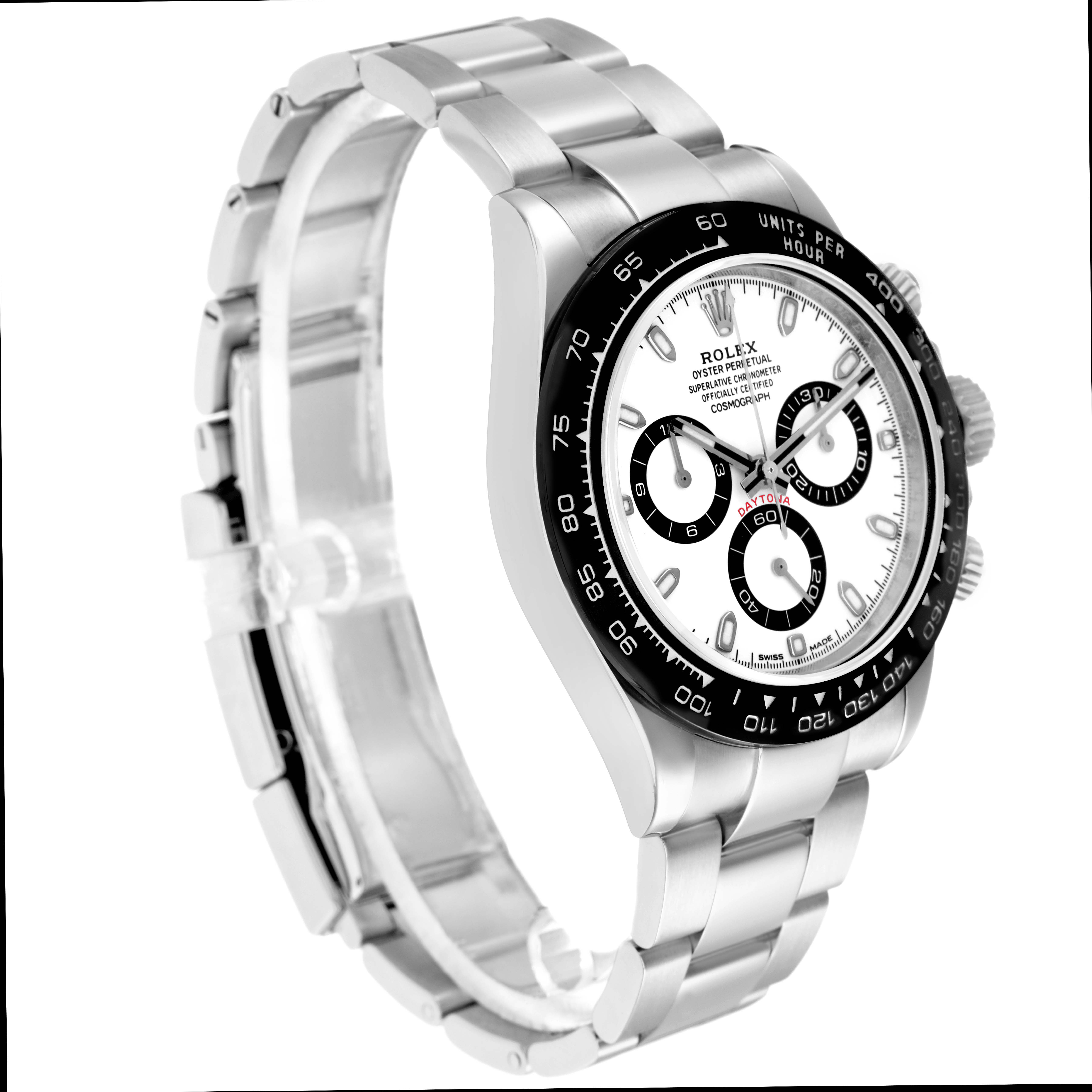 The Rolex Daytona 116500 Men
s Stainless Steel White Dial watch is shown in a three-quarter view, highlighting its bezel, dial, and bracelet.