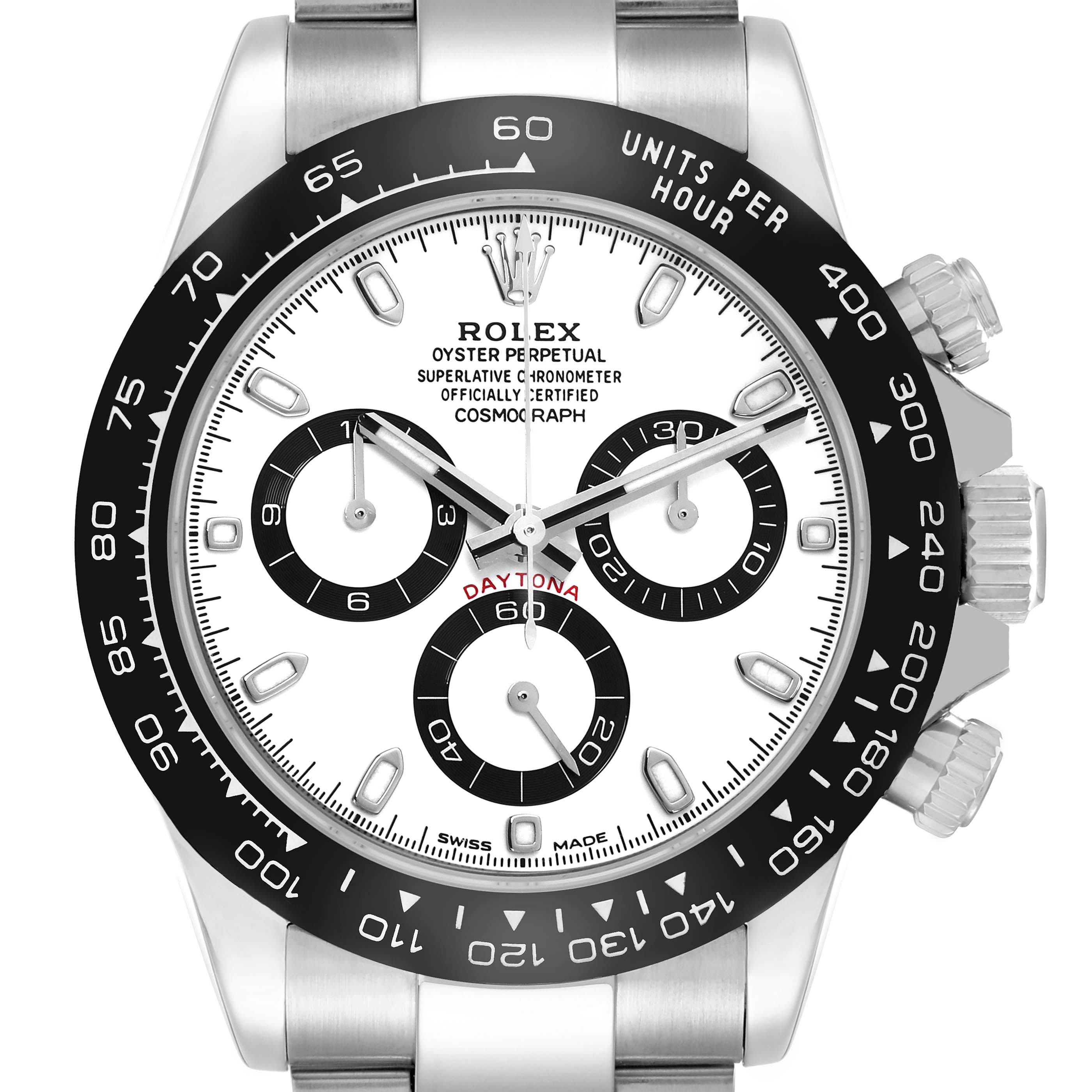 The image shows a Rolex Daytona 116500 Men
s Stainless Steel White Dial watch from a frontal angle, highlighting the dial, bezel, and chronograph subdials.