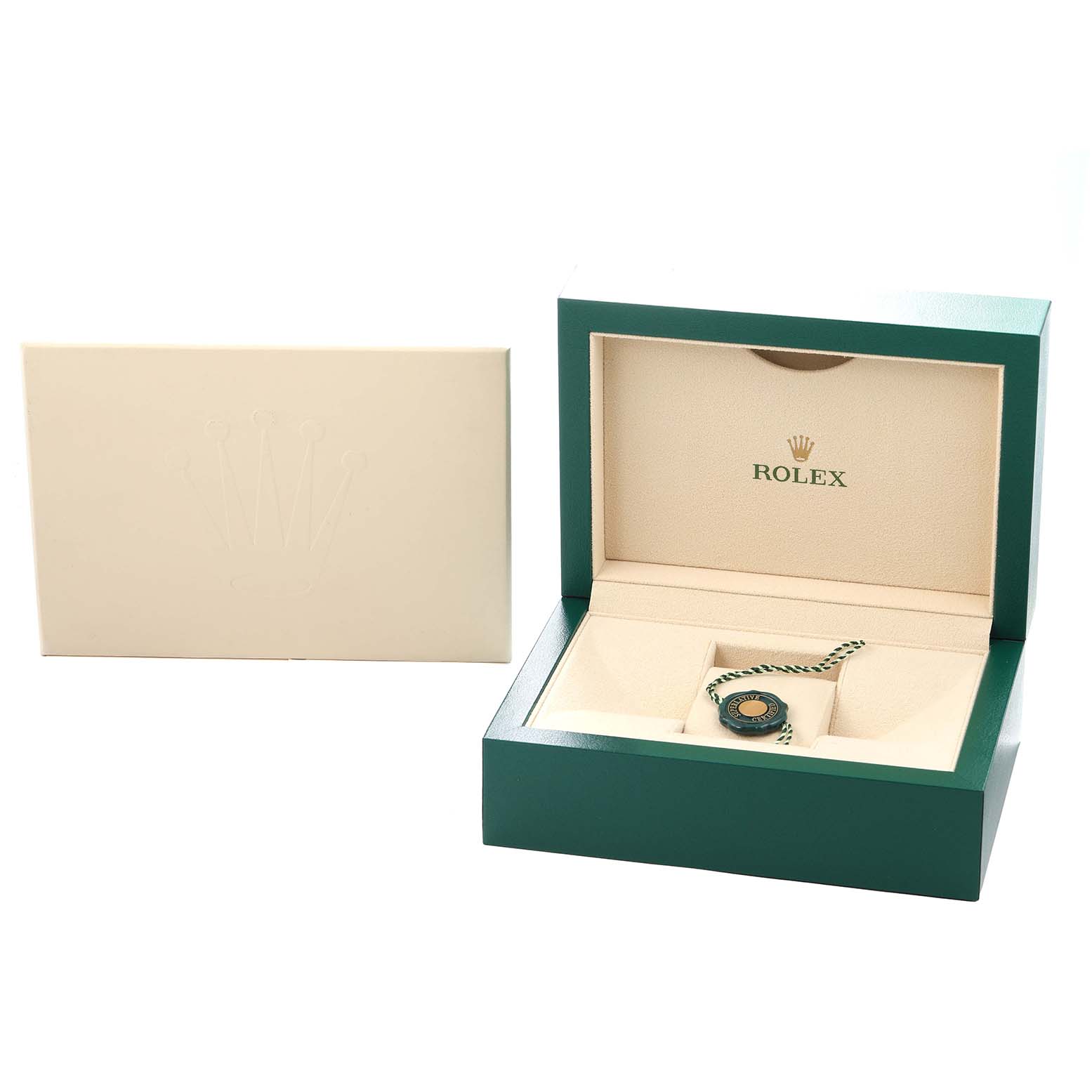 The image shows a Rolex Daytona 116500 Men
s Stainless Steel White Dial watch box and accessories from a top-front angle, including a tag with the emblem inside the box.