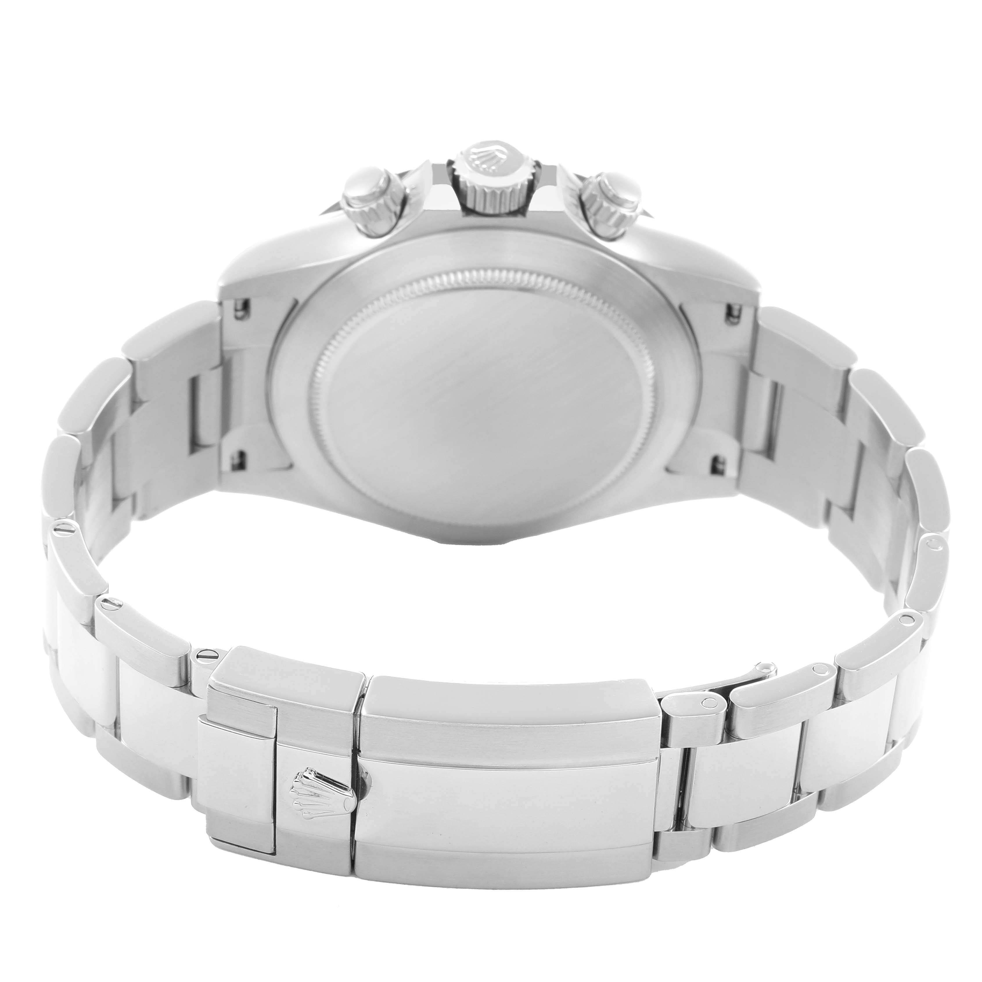 The image shows the back view of a Rolex Daytona 116500 Men
s Stainless Steel White Dial watch, highlighting the case back, clasp, and bracelet.