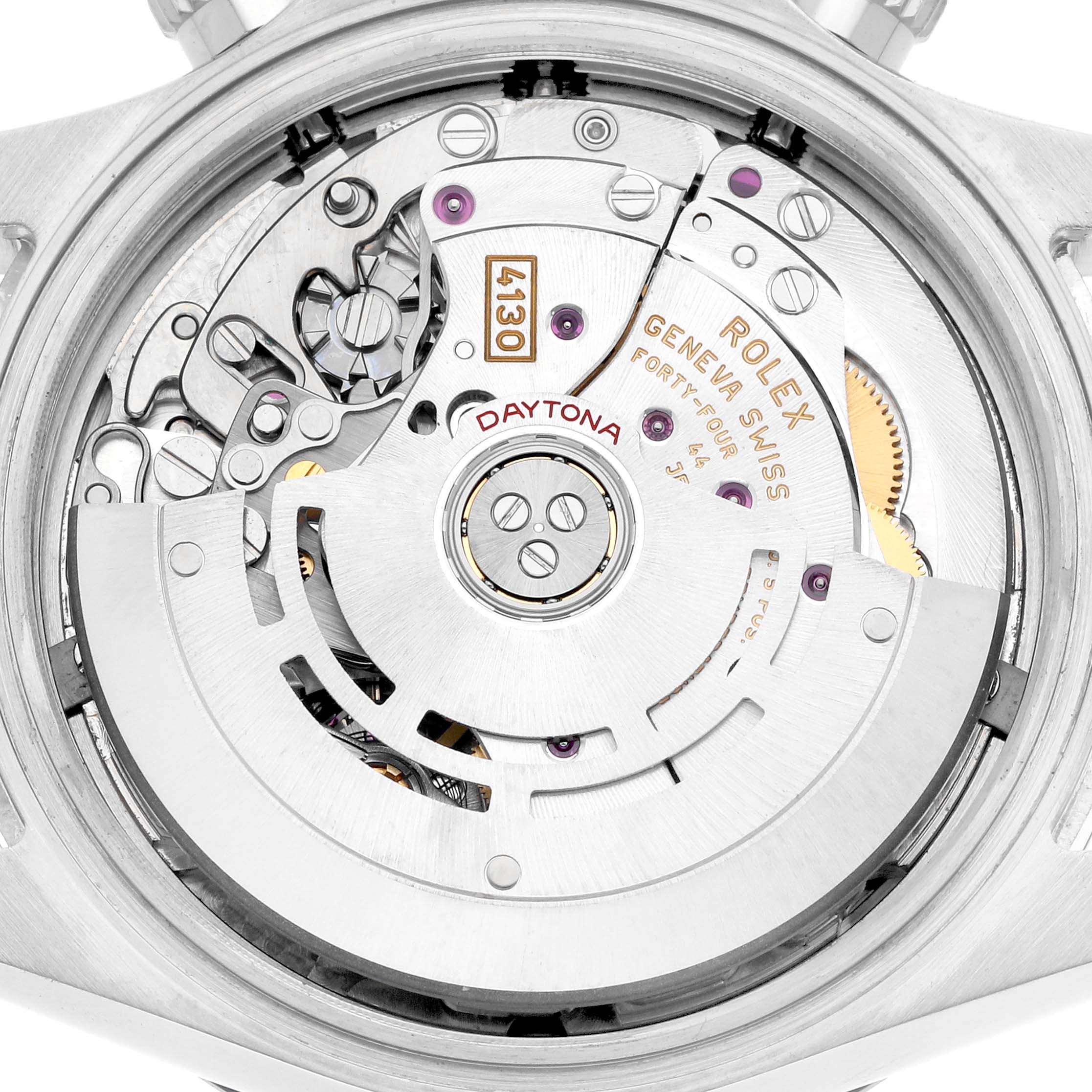 The image shows the back view of a Rolex Daytona 116500 Men
s Stainless Steel White Dial, highlighting its intricate movement and internal mechanics.