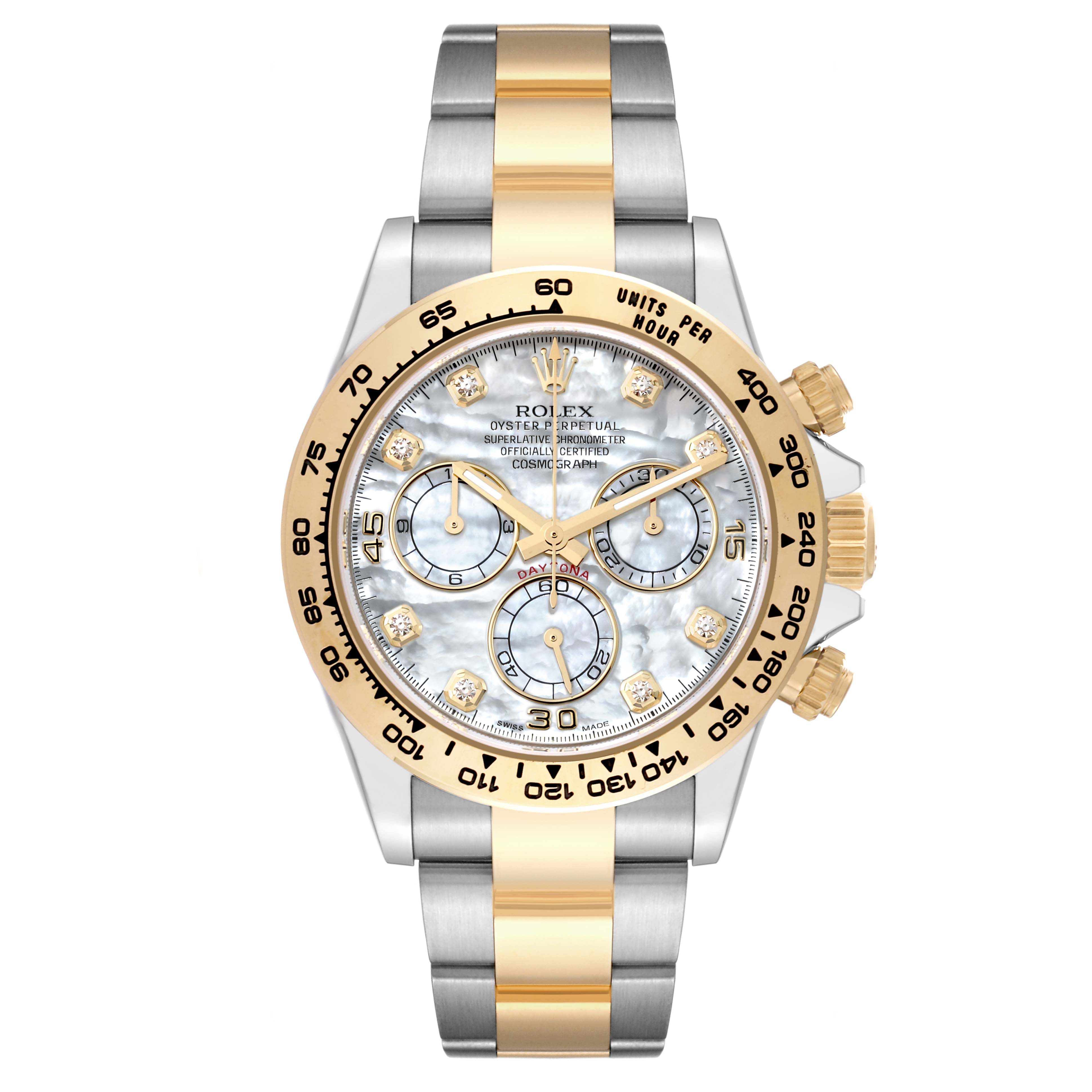 The image shows a front view of a Rolex Daytona 116503 Men's Steel and Gold (two tone) Mother of Pearl Dial 116503 Men's Steel and Gold (two tone) Mother of Pearl Dial model watch with a gold and silver bracelet and a mother-of-pearl dial.