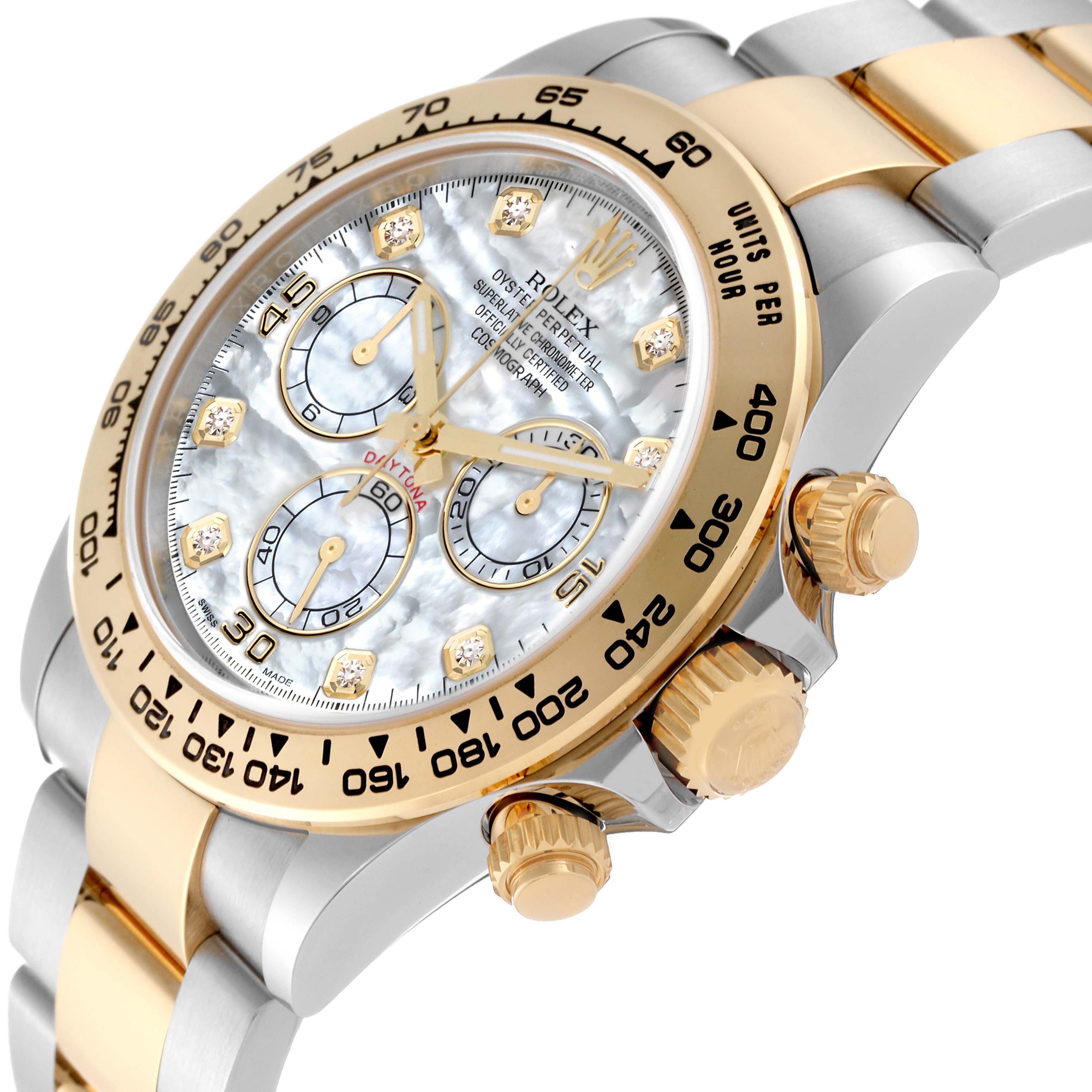 The image shows a close-up angle of the Rolex Daytona 116503 Men's Steel and Gold (two tone) Mother of Pearl Dial 116503 Men's Steel and Gold (two tone) Mother of Pearl Dial watch, highlighting its face, dials, and bezel details.