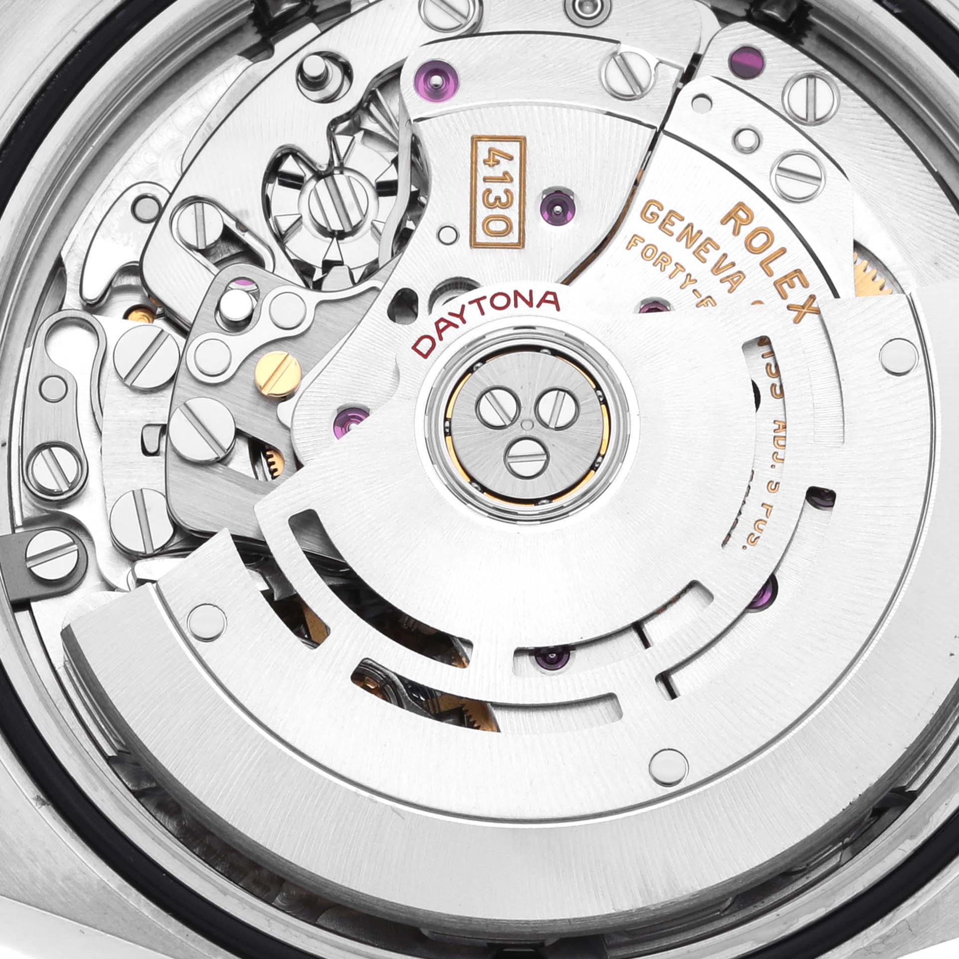 Close-up view of the movement mechanism in a Rolex Daytona 116503 Men's Steel and Gold (two tone) Mother of Pearl Dial 116503 Men's Steel and Gold (two tone) Mother of Pearl Dial watch, highlighting the intricate gears and parts.