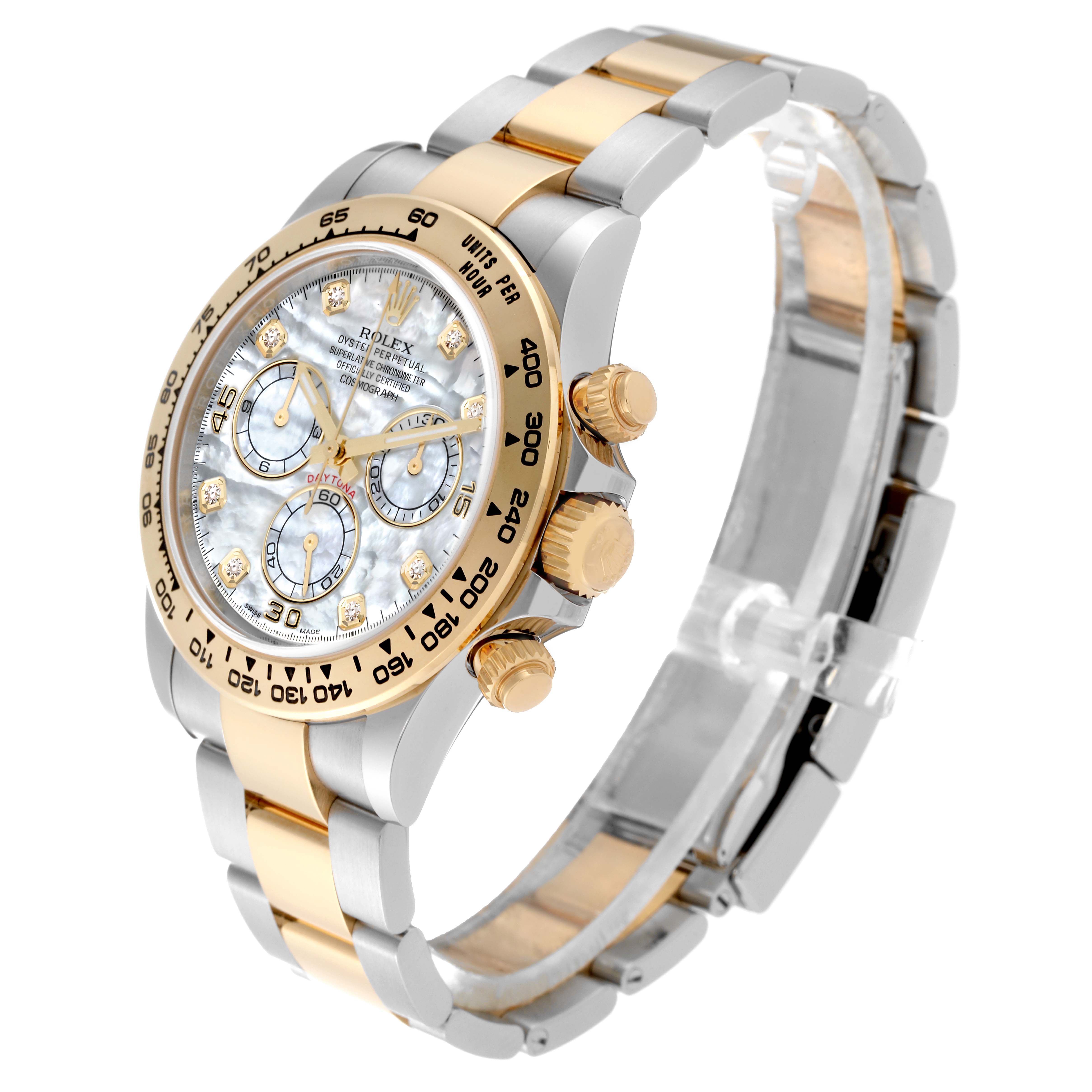 The image shows a Rolex Daytona 116503 Men's Steel and Gold (two tone) Mother of Pearl Dial 116503 Men's Steel and Gold (two tone) Mother of Pearl Dial watch at a three-quarter angle, highlighting the dial, bezel, chronograph pushers, and bracelet.