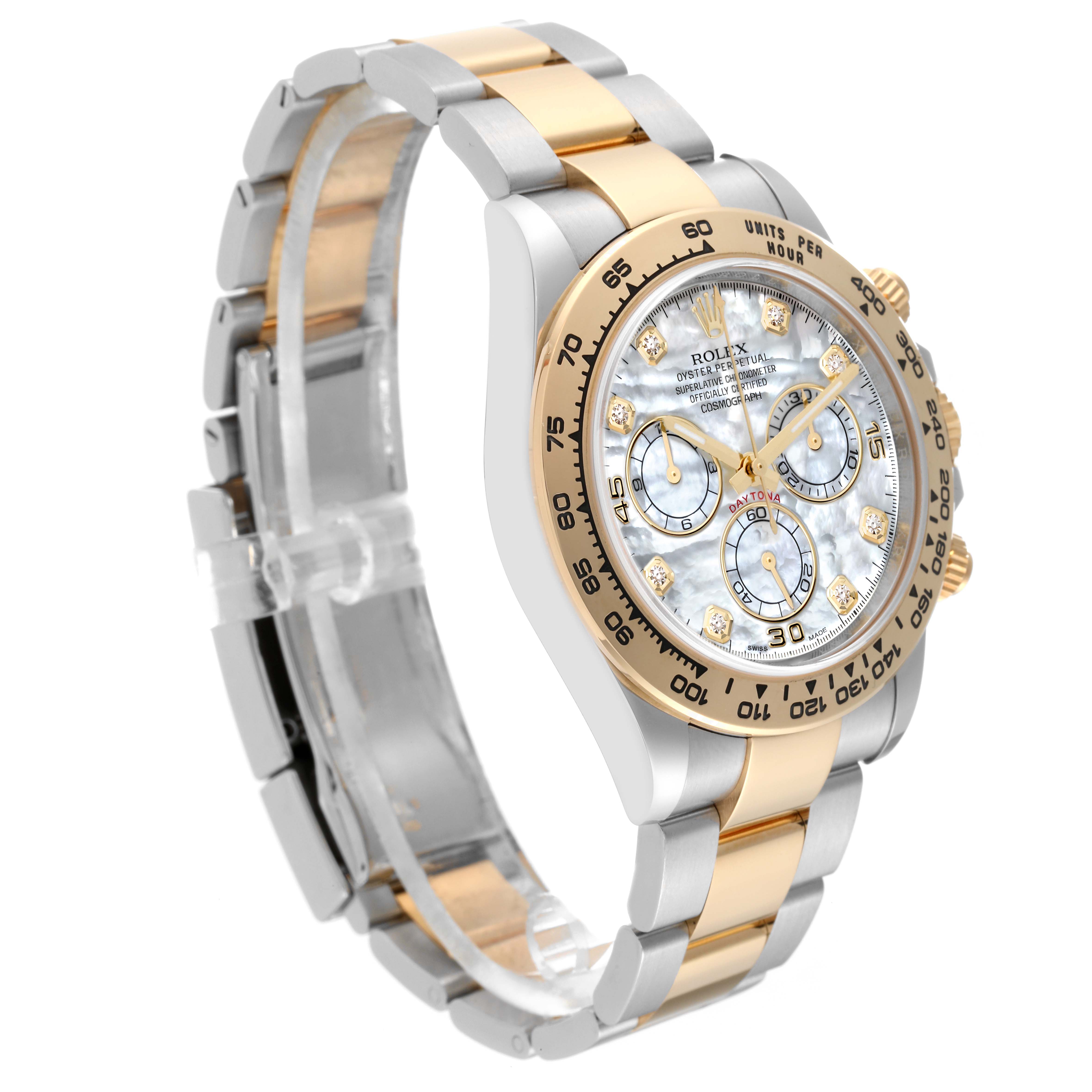 The image shows a Rolex Daytona 116503 Men's Steel and Gold (two tone) Mother of Pearl Dial 116503 Men's Steel and Gold (two tone) Mother of Pearl Dial watch at a side angle, highlighting its two-tone bracelet, bezel, and detailed dial.