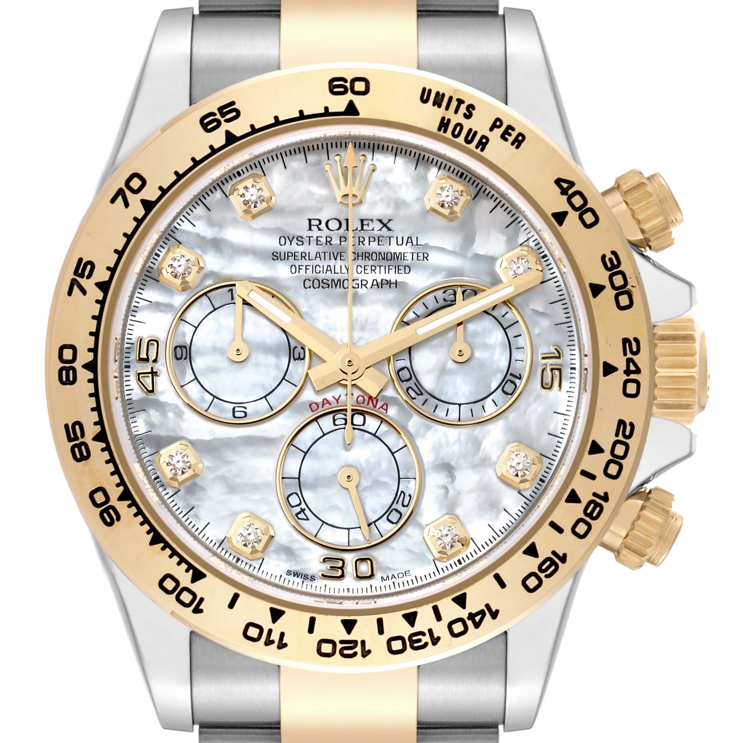 The image shows a frontal angle of the Rolex Daytona 116503 Men's Steel and Gold (two tone) Mother of Pearl Dial 116503 Men's Steel and Gold (two tone) Mother of Pearl Dial watch, displaying the dial, hands, subdials, bezel, and part of the bracelet.