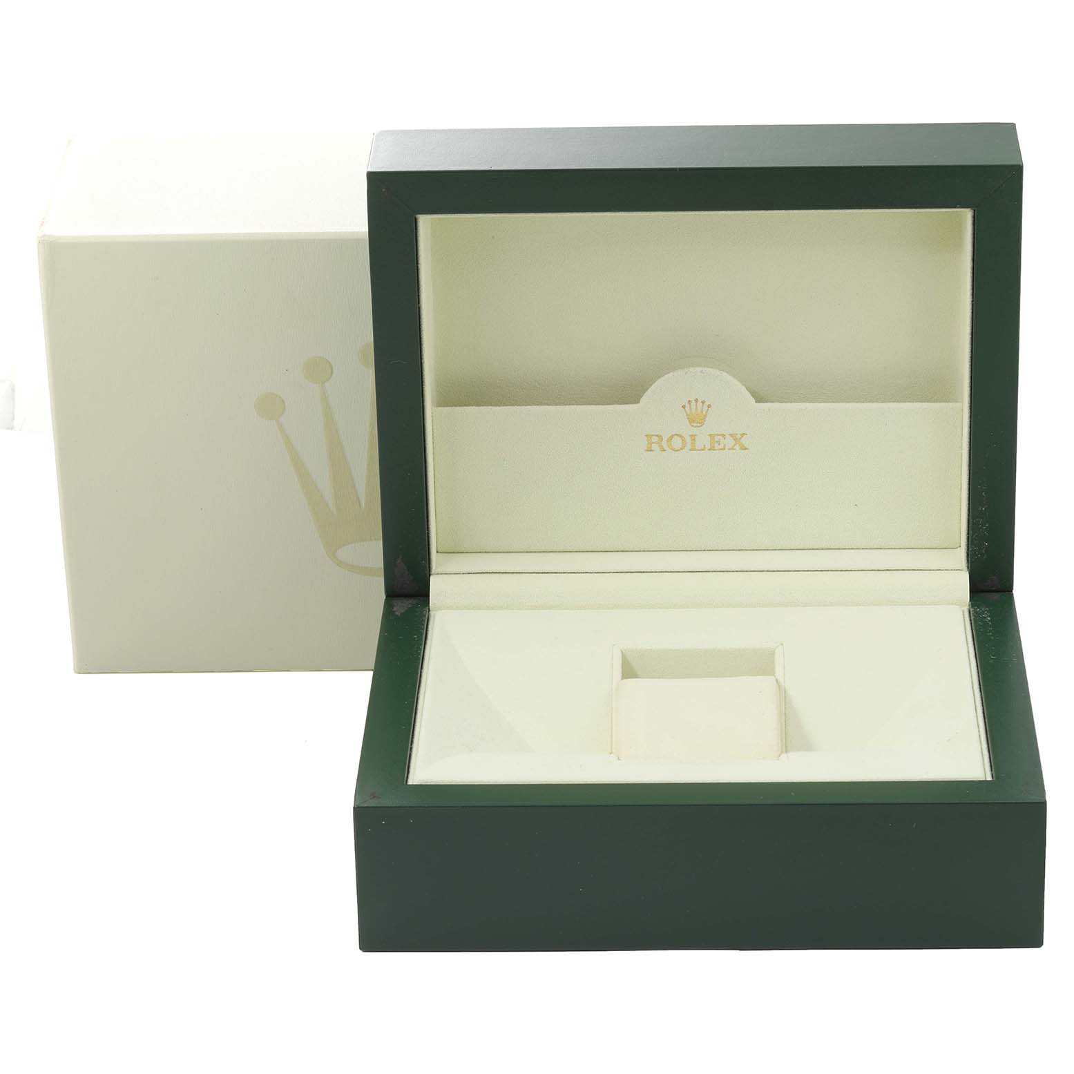 This image shows an open green-and-cream Rolex watch box, without the Rolex Daytona 116503 Men's Steel and Gold (two tone) Mother of Pearl Dial 116503 Men's Steel and Gold (two tone) Mother of Pearl Dial watch inside.