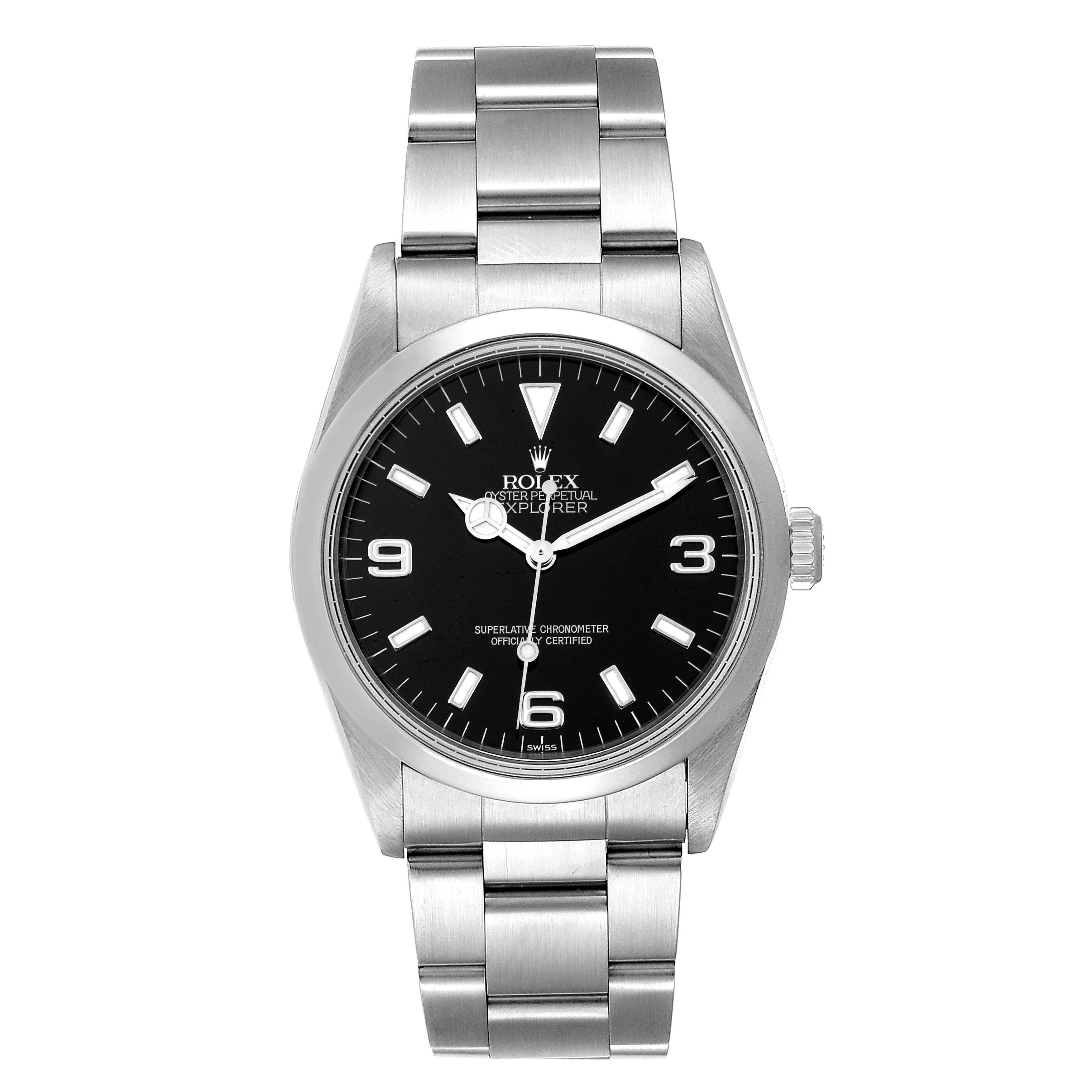 The image shows a front view of a Rolex Explorer 114270 Men
s Stainless Steel Black Dial 114270 Men
s Stainless Steel Black Dial watch, displaying its black dial, hour markers, and stainless steel bracelet.