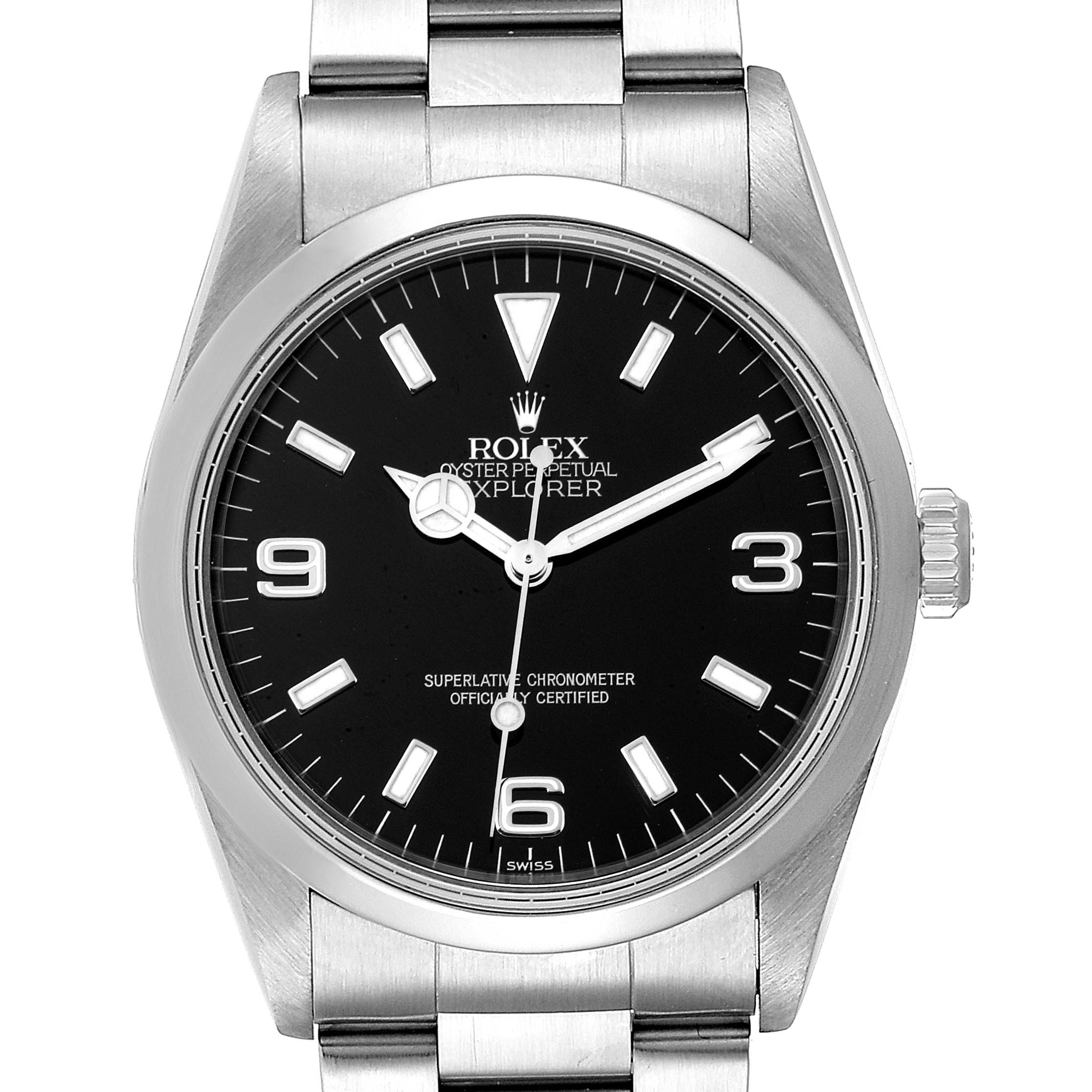 This image shows a front view of a Rolex Explorer 114270 Men
s Stainless Steel Black Dial 114270 Men
s Stainless Steel Black Dial watch, highlighting the dial, hour markers, hands, and stainless steel bracelet.