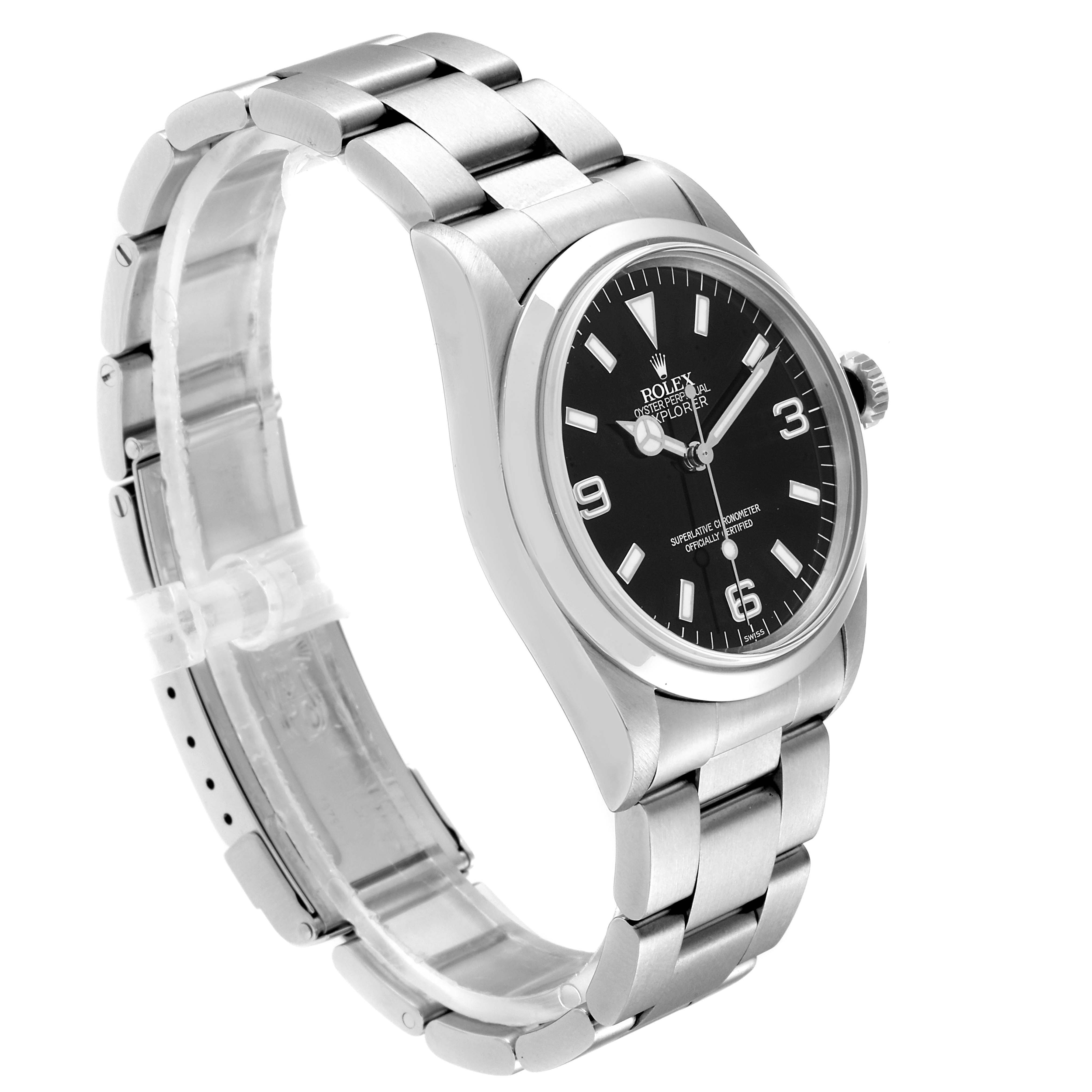 The image shows a Rolex Explorer 114270 Men
s Stainless Steel Black Dial 114270 Men
s Stainless Steel Black Dial watch viewed from a front-side angle, highlighting the dial, bezel, and bracelet.