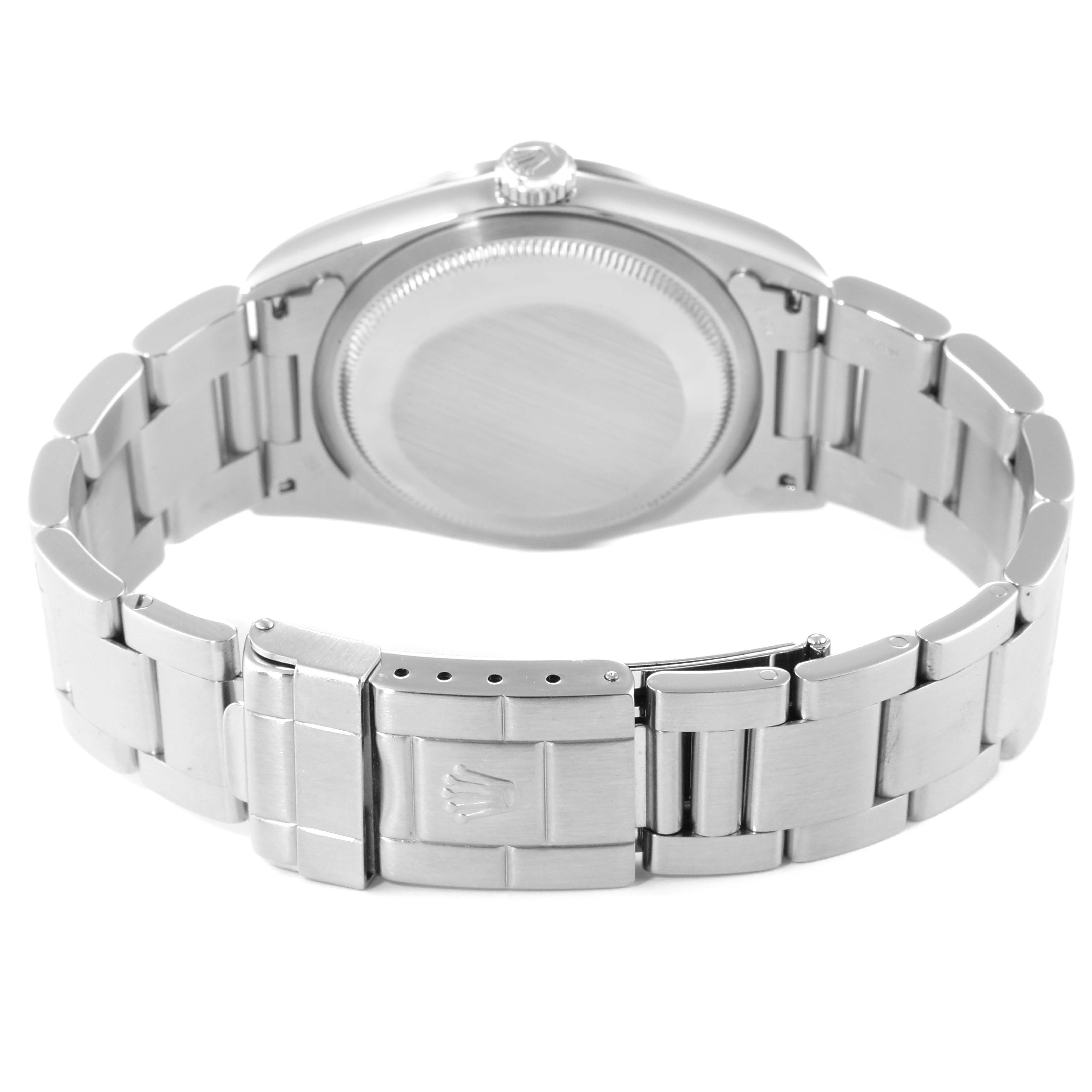 This image shows the backside, bracelet, and clasp of a Rolex Explorer 114270 Men
s Stainless Steel Black Dial 114270 Men
s Stainless Steel Black Dial watch.