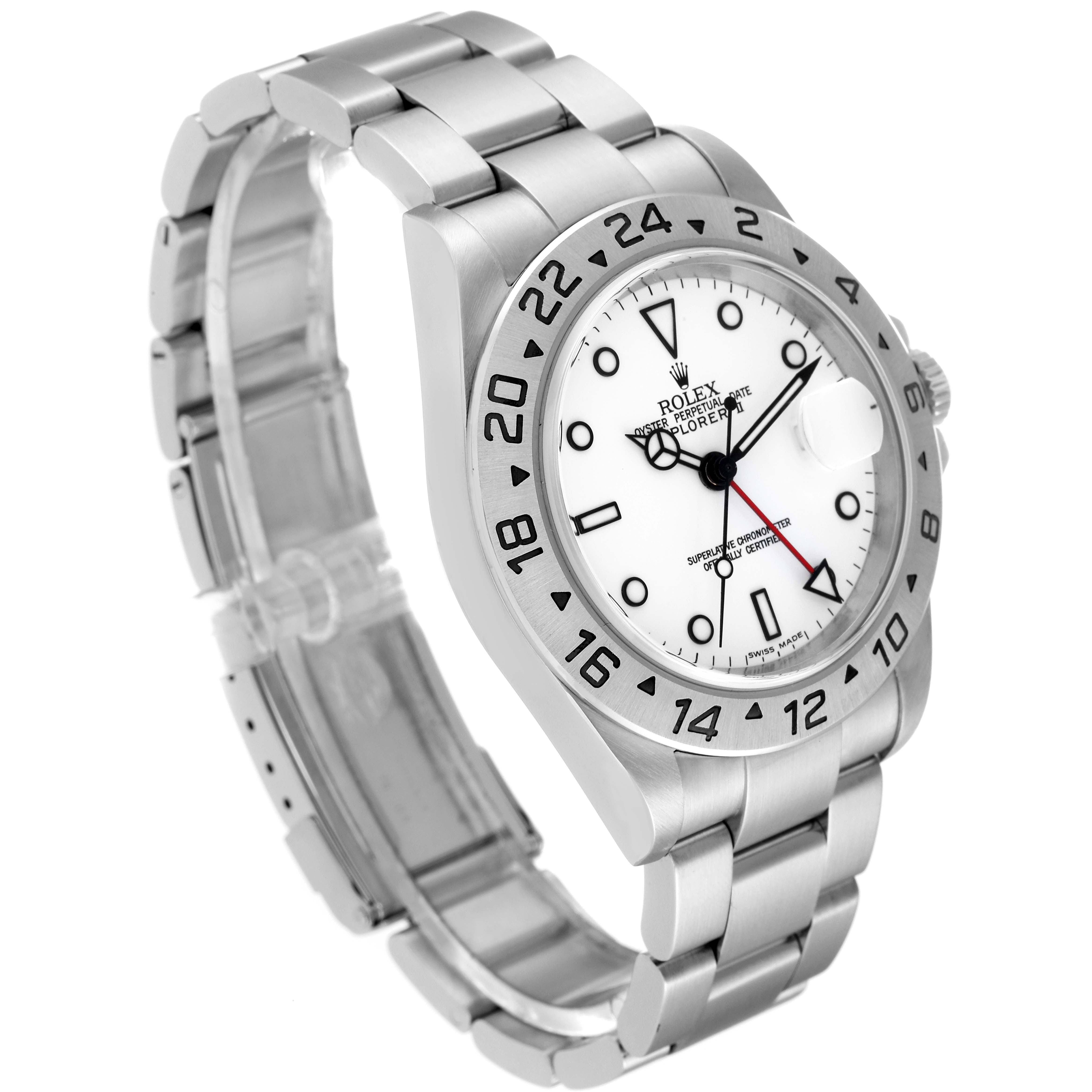 The image displays a Rolex Explorer 16570 Men
s Stainless Steel White Dial 16570 Men
s Stainless Steel White Dial model watch at a three-quarter angle, highlighting the dial, bezel, bracelet, and clasp.
