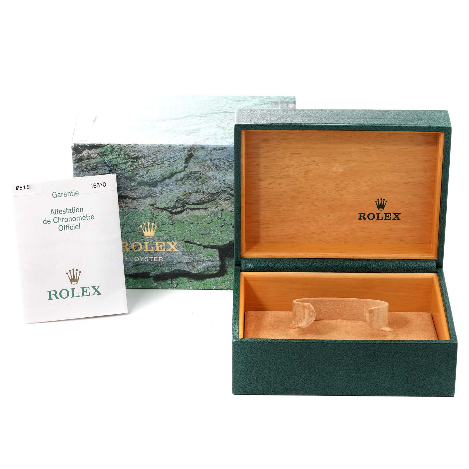 The image shows the interior and exterior of a Rolex Explorer 16570 Men
s Stainless Steel White Dial 16570 Men
s Stainless Steel White Dial watch box, along with a warranty booklet.