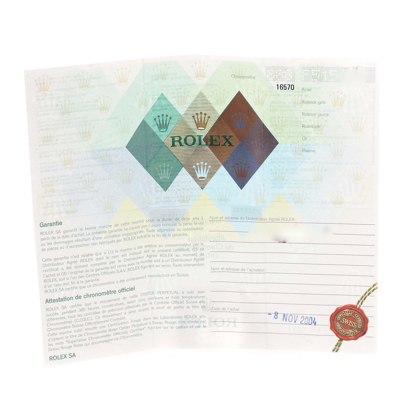 This image shows the warranty certificate and official chronometer certification for the Rolex Explorer 16570 Men
s Stainless Steel White Dial 16570 Men
s Stainless Steel White Dial model.