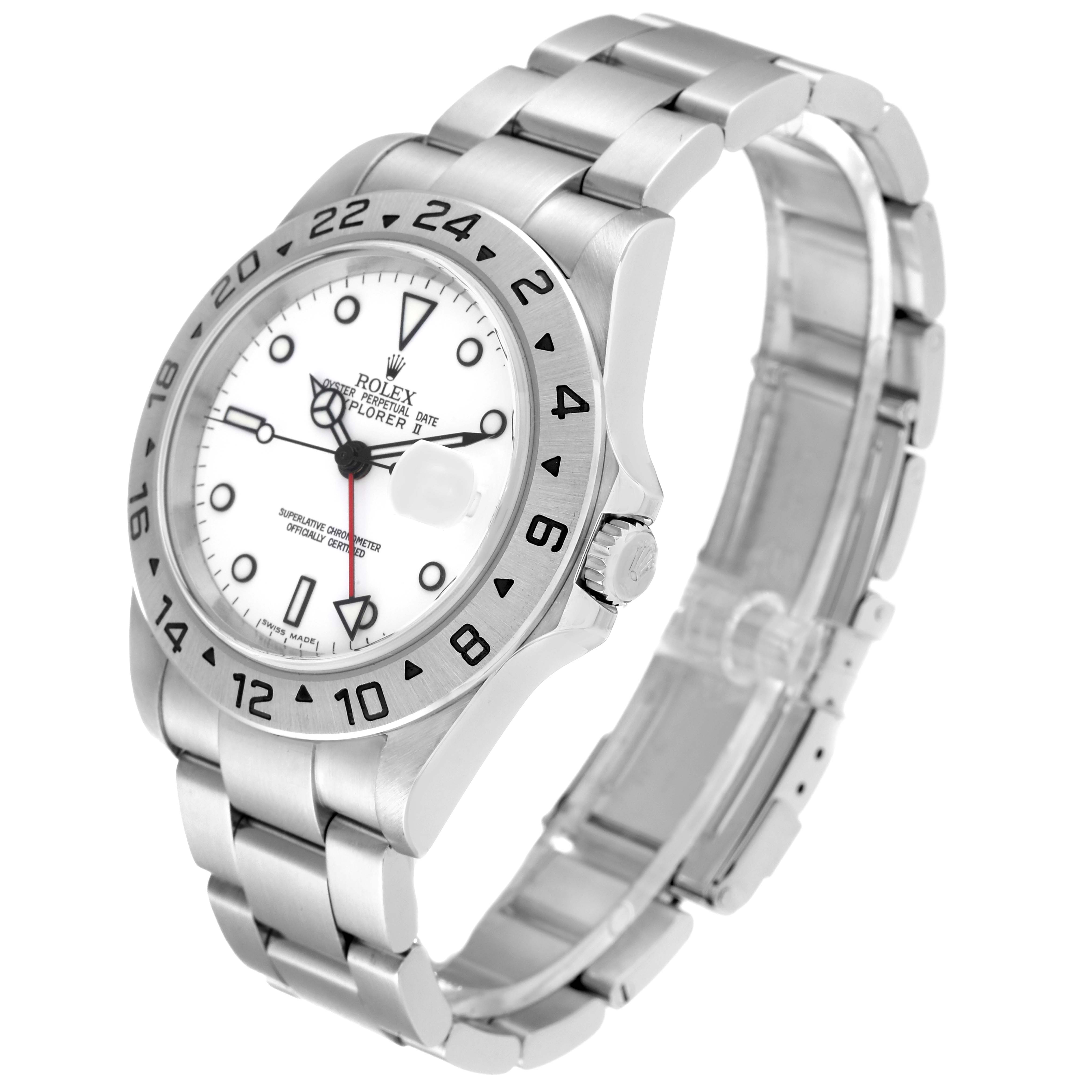 The image shows a Rolex Explorer 16570 Men
s Stainless Steel White Dial 16570 Men
s Stainless Steel White Dial watch from an angled perspective, highlighting the face, bezel, crown, and bracelet.