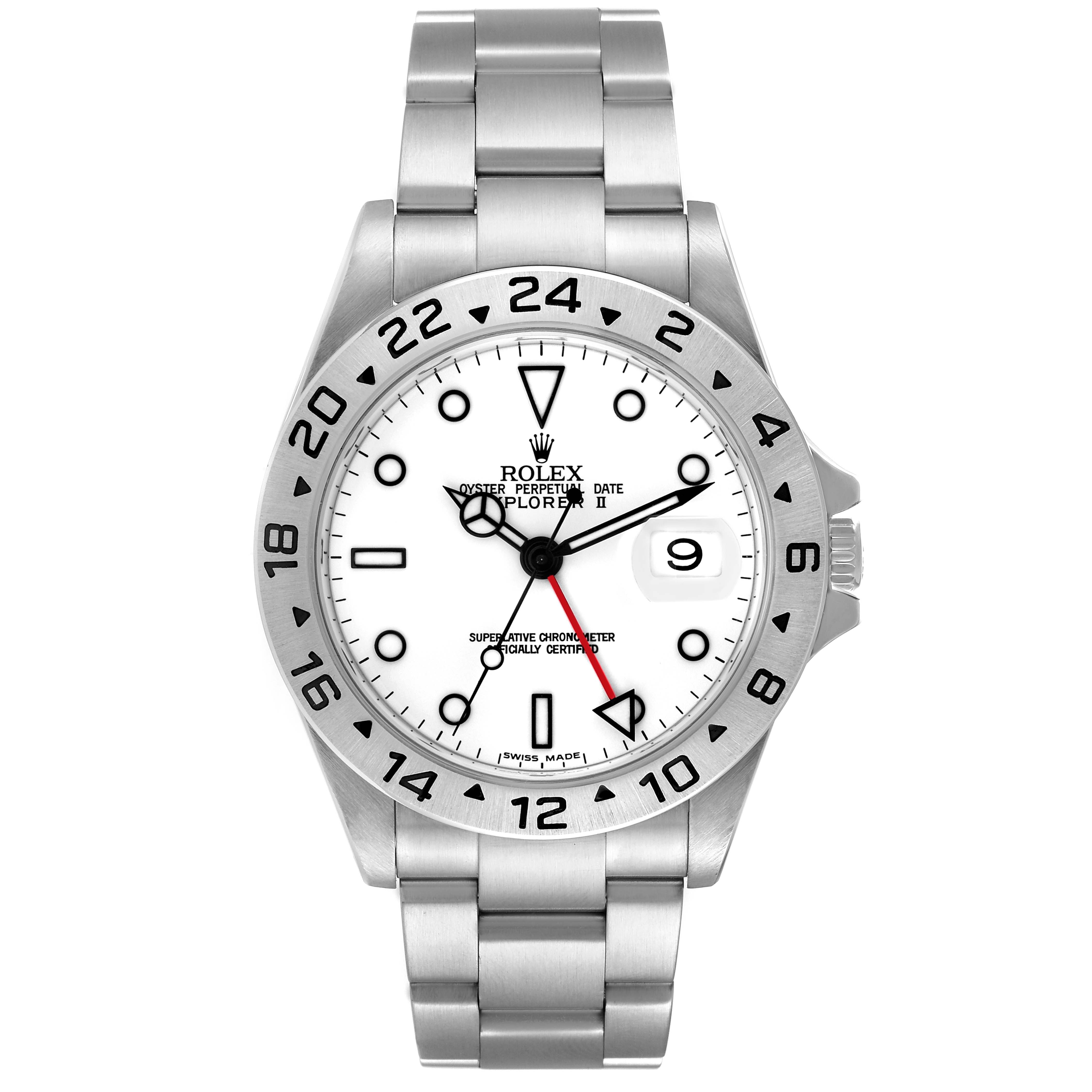 The image shows a frontal view of a Rolex Explorer 16570 Men
s Stainless Steel White Dial 16570 Men
s Stainless Steel White Dial model watch with its dial and stainless steel bracelet.