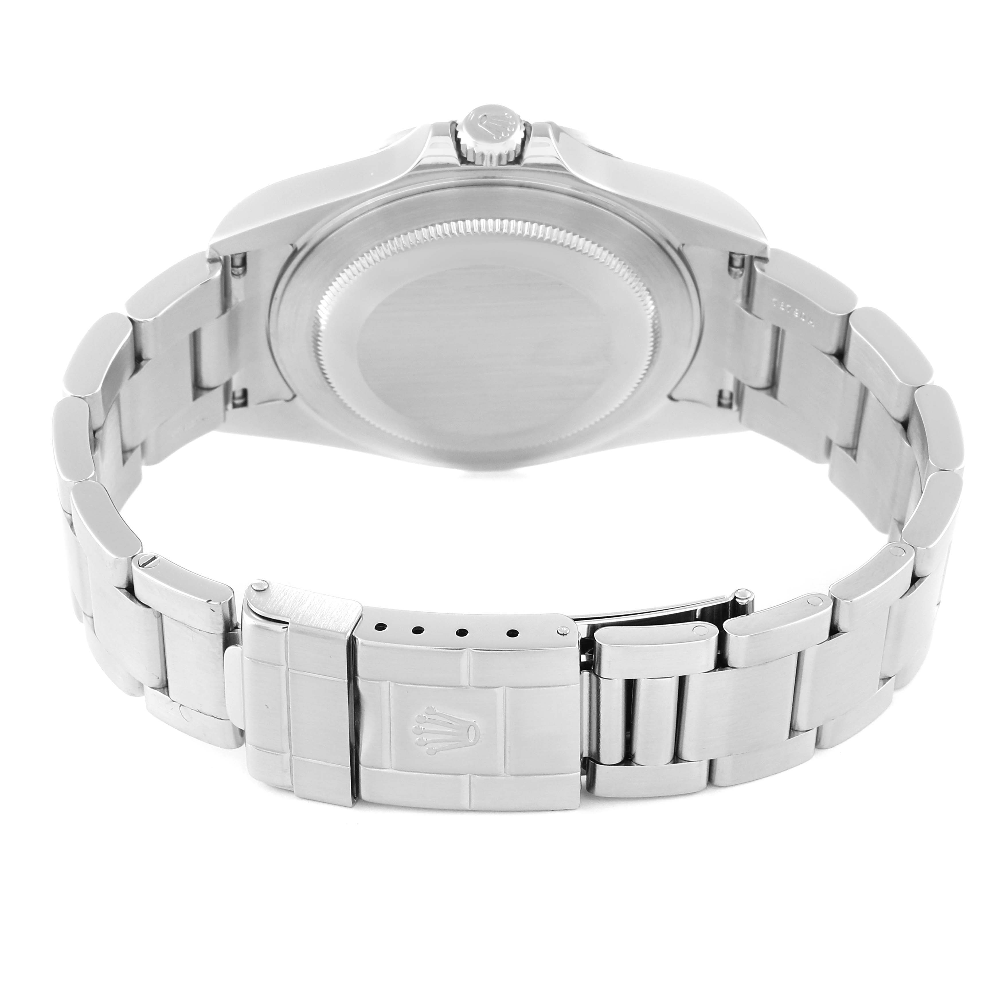 This image shows the backside of the Rolex Explorer 16570 Men
s Stainless Steel White Dial 16570 Men
s Stainless Steel White Dial watch, displaying its clasp, bracelet, and caseback.