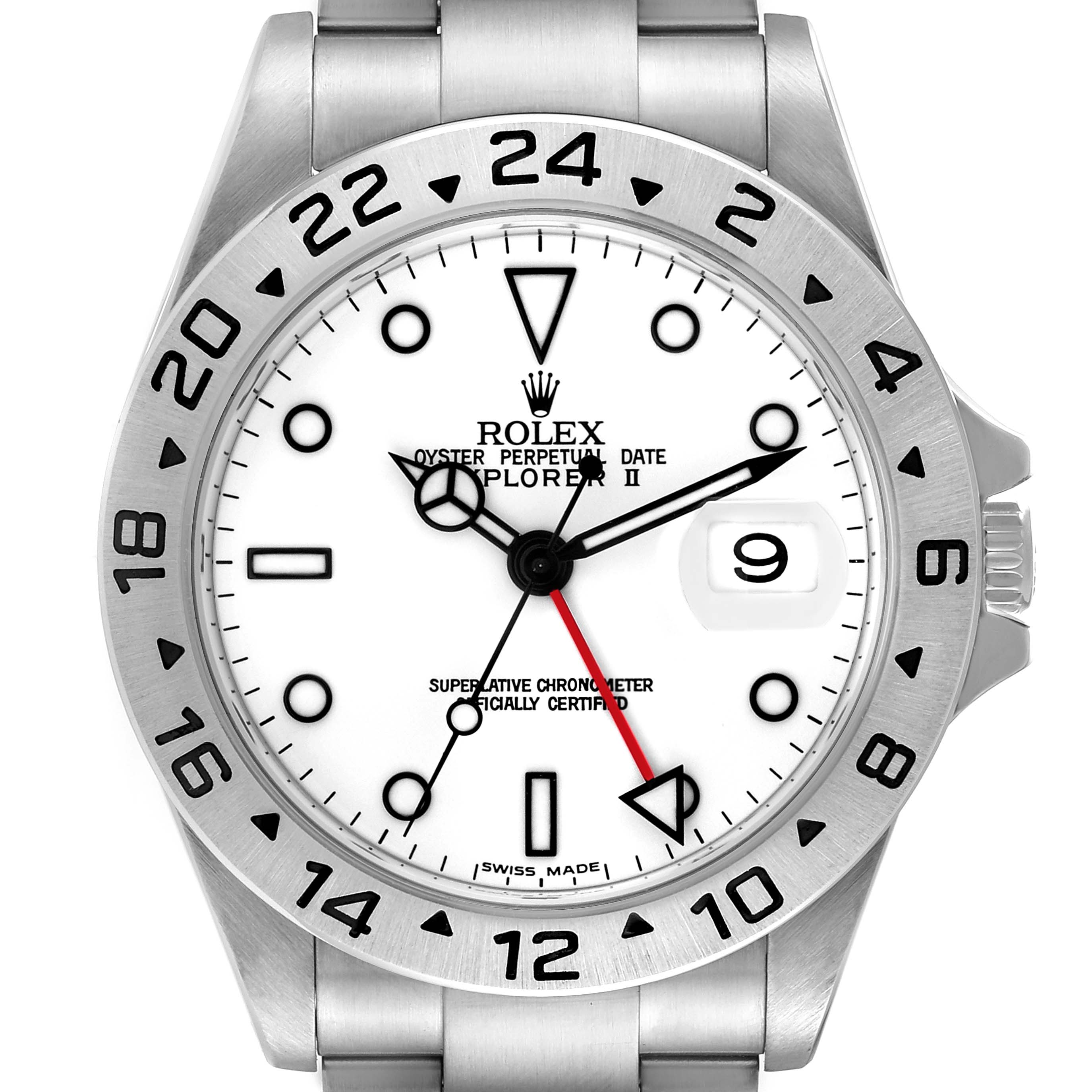 The image shows a front view of the Rolex Explorer 16570 Men
s Stainless Steel White Dial 16570 Men
s Stainless Steel White Dial watch, featuring its white dial, date window, and 24-hour bezel.