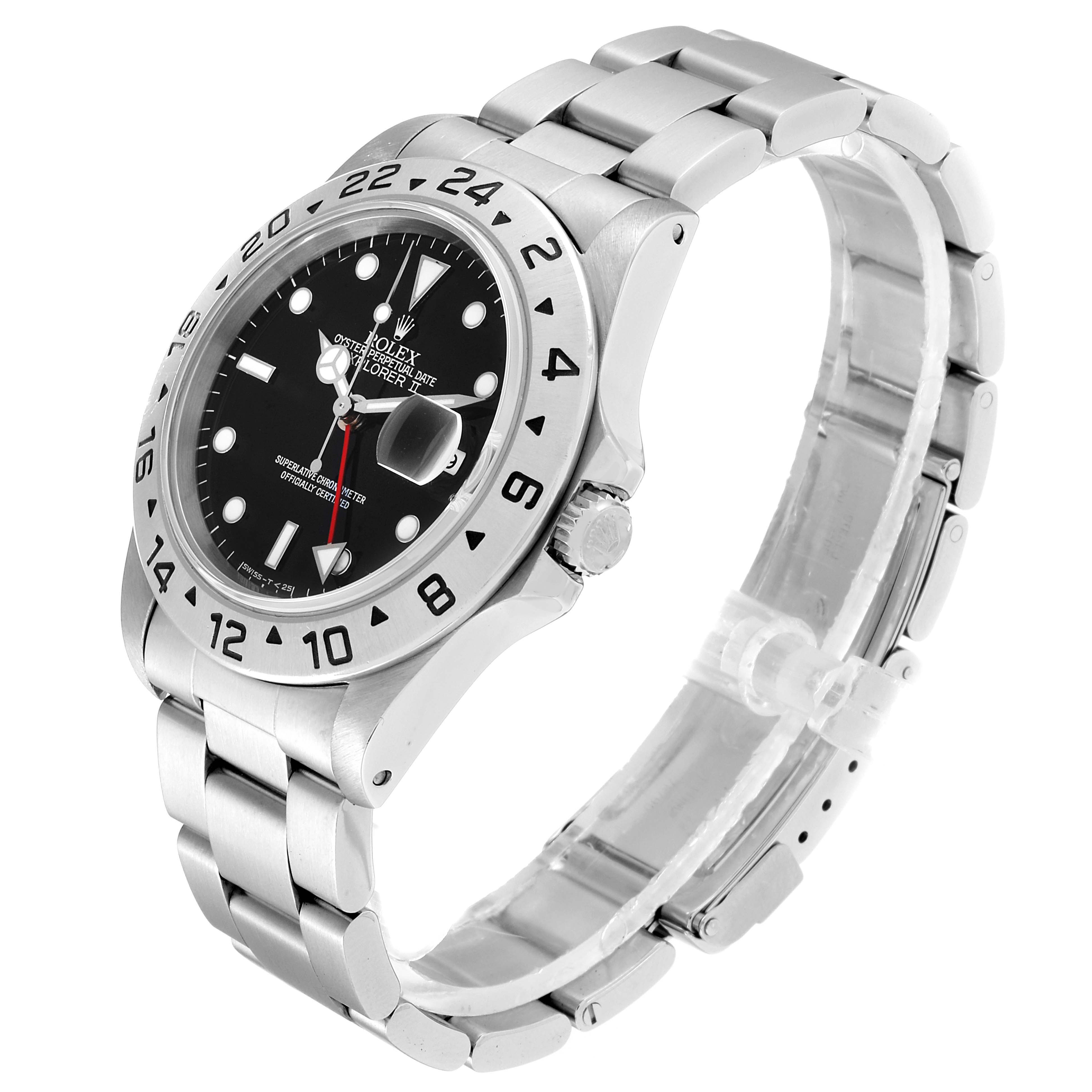 The Rolex Explorer 16570 Men
s Stainless Steel Black Dial 16570 Men
s Stainless Steel Black Dial model watch is shown at a side angle, highlighting the dial, bezel, bracelet, and crown.