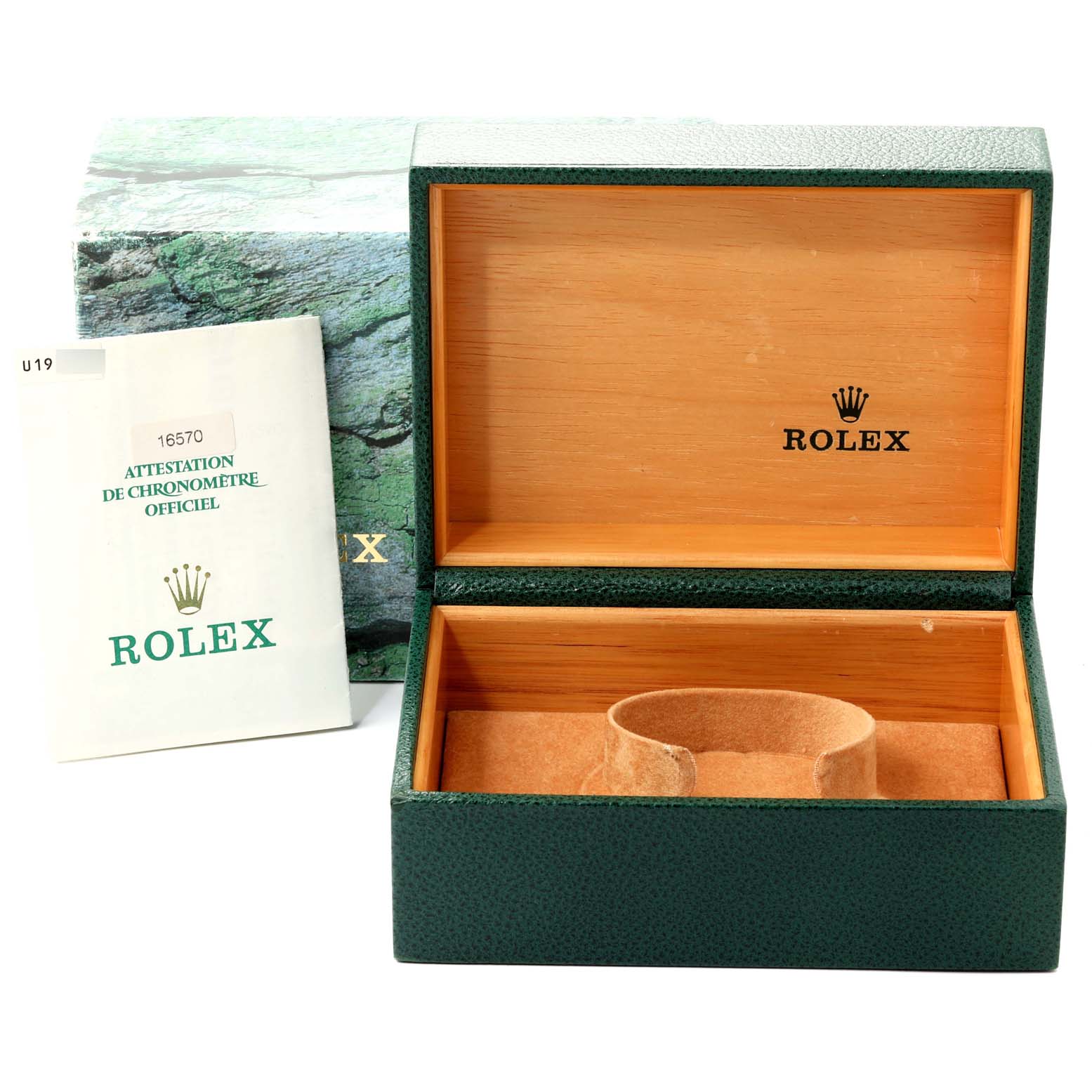 The image shows an open green Rolex box, booklet, and outer packaging for a Rolex Explorer 16570 Men
s Stainless Steel Black Dial 16570 Men
s Stainless Steel Black Dial model.