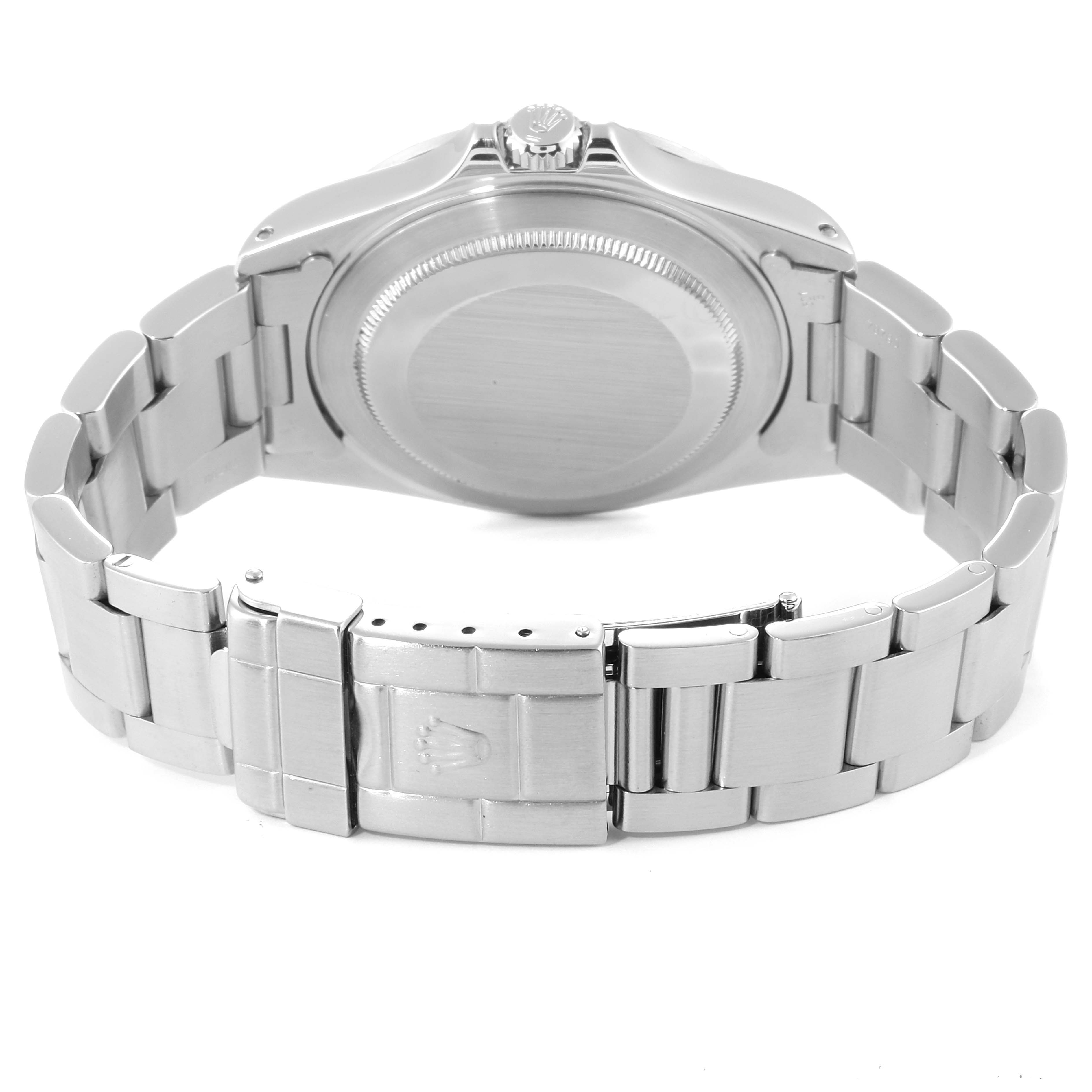 This image shows the back case and metal bracelet of a Rolex Explorer 16570 Men
s Stainless Steel Black Dial 16570 Men
s Stainless Steel Black Dial model watch, viewed from the rear.