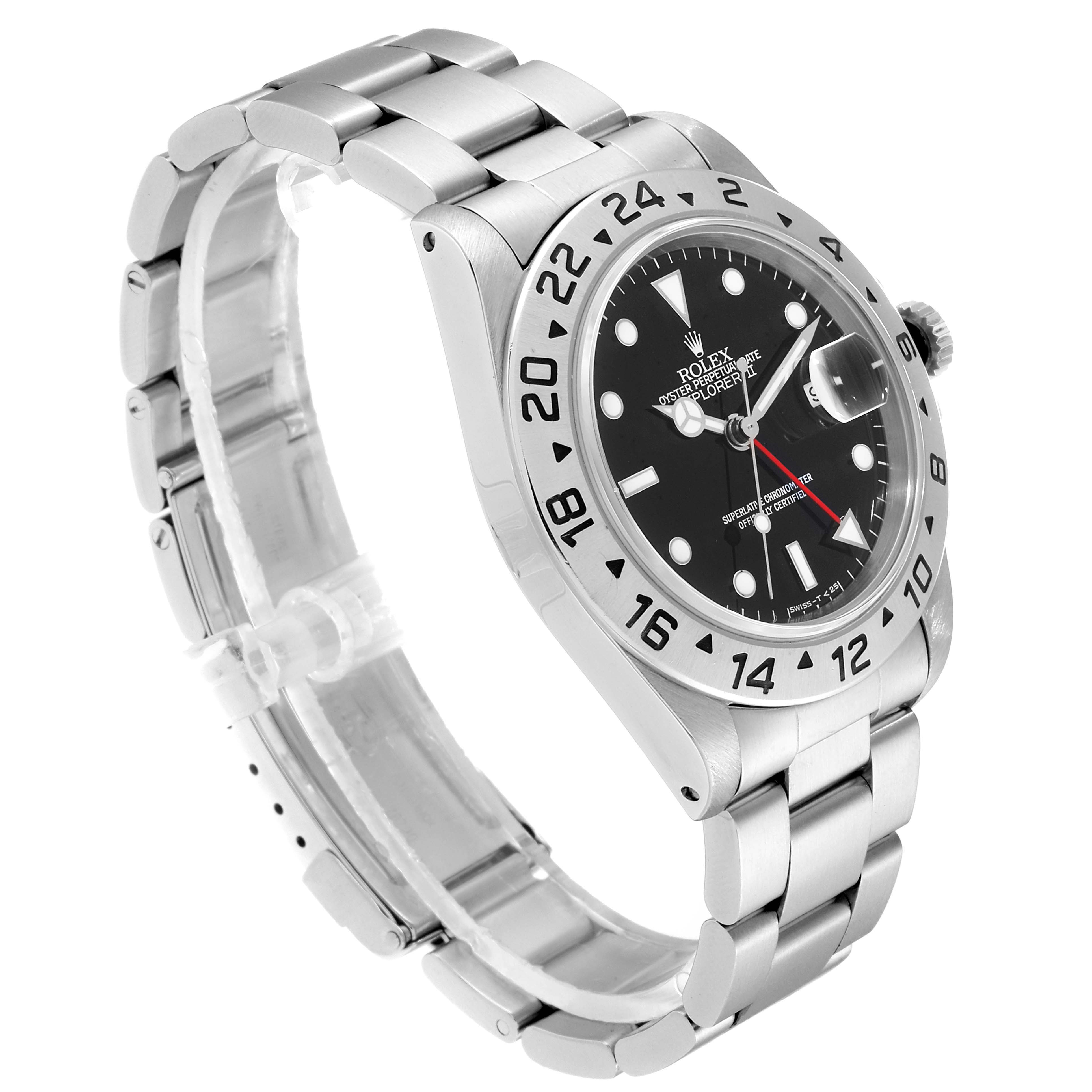 The Rolex Explorer 16570 Men
s Stainless Steel Black Dial 16570 Men
s Stainless Steel Black Dial watch is shown at a three-quarter angle, highlighting its face, bezel, crown, and bracelet.