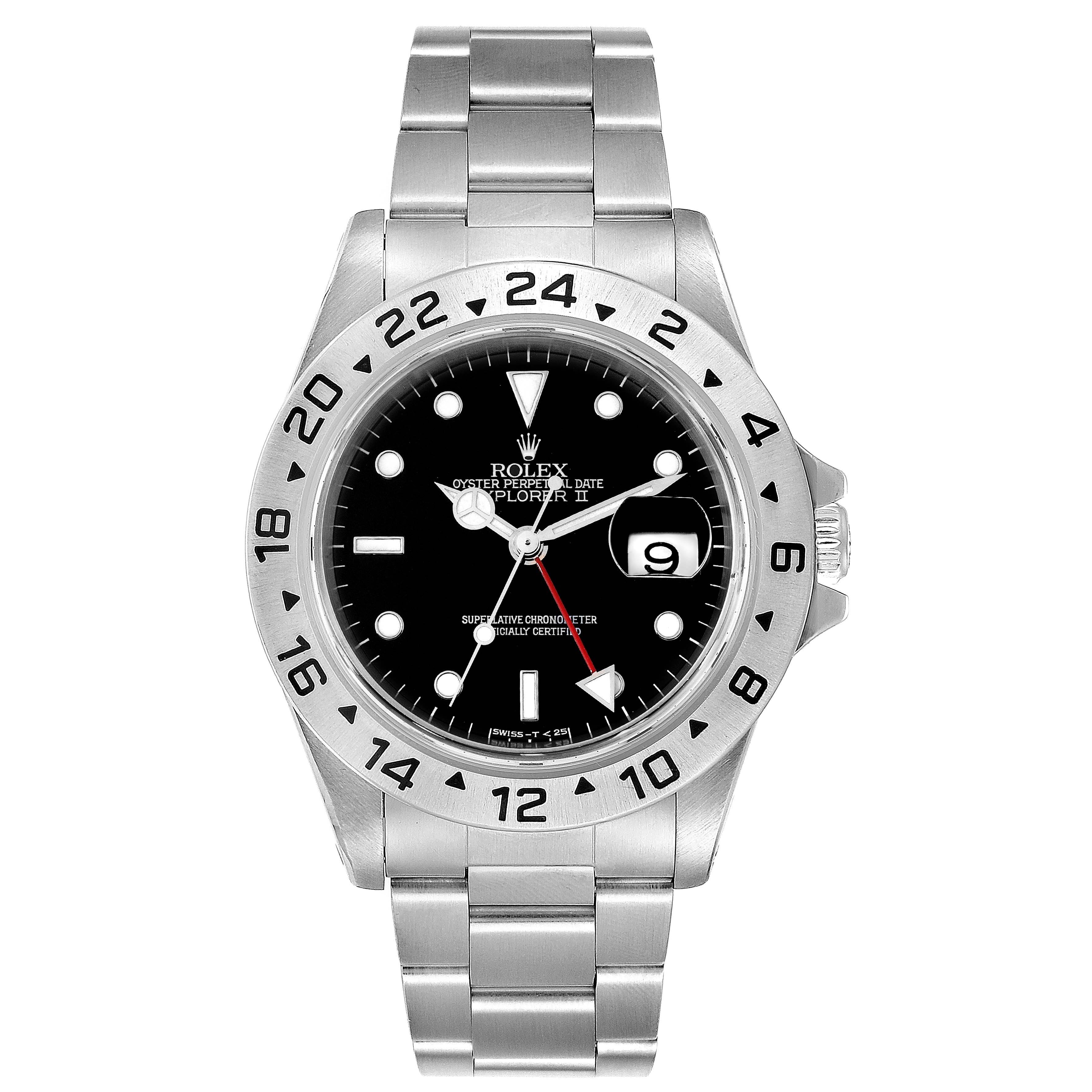 This image shows a front view of the Rolex Explorer 16570 Men
s Stainless Steel Black Dial 16570 Men
s Stainless Steel Black Dial watch, displaying its bezel, dial, and bracelet.