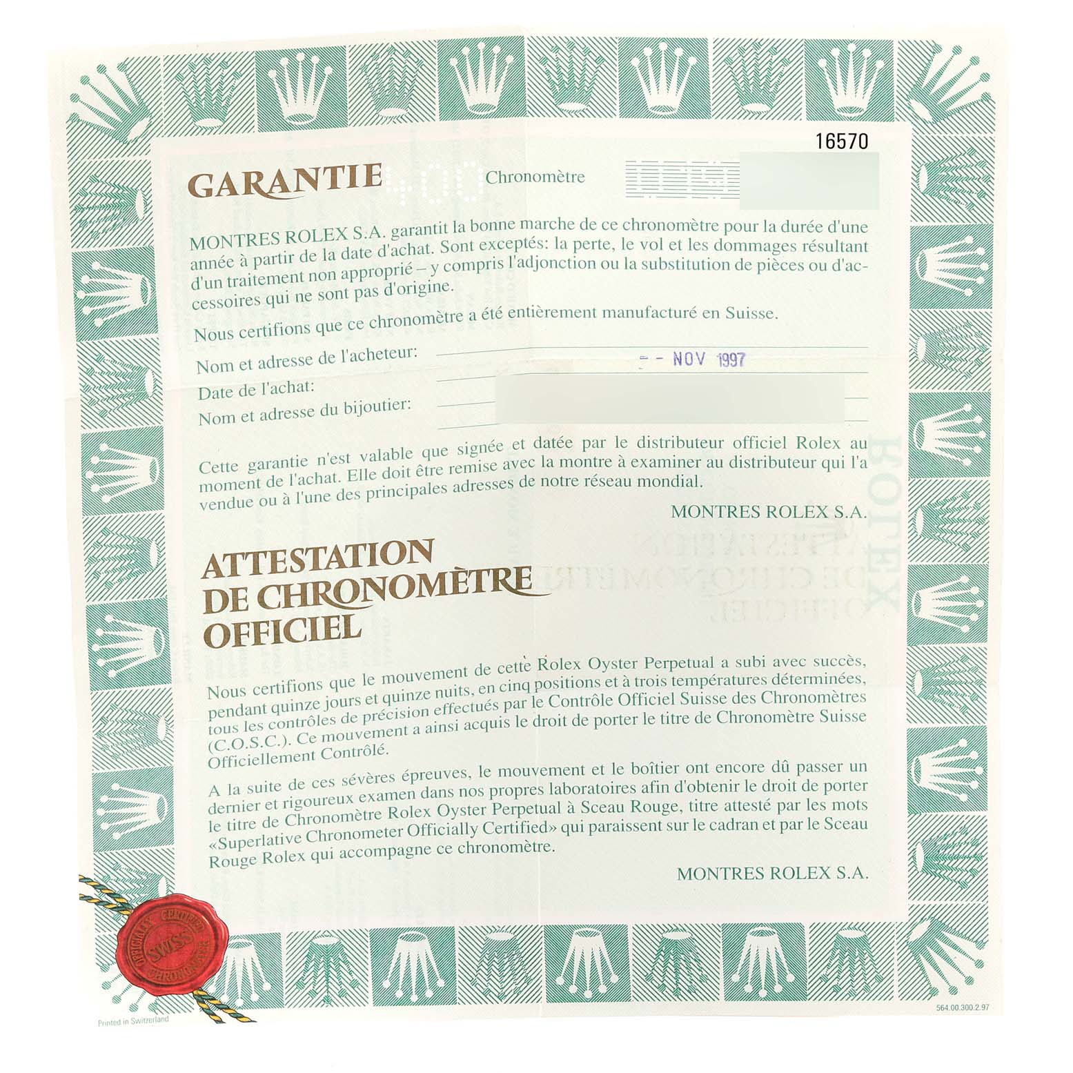 The image shows a warranty and chronometer certificate for the Rolex Explorer 16570 Men
s Stainless Steel Black Dial 16570 Men
s Stainless Steel Black Dial model, displaying text and a seal.