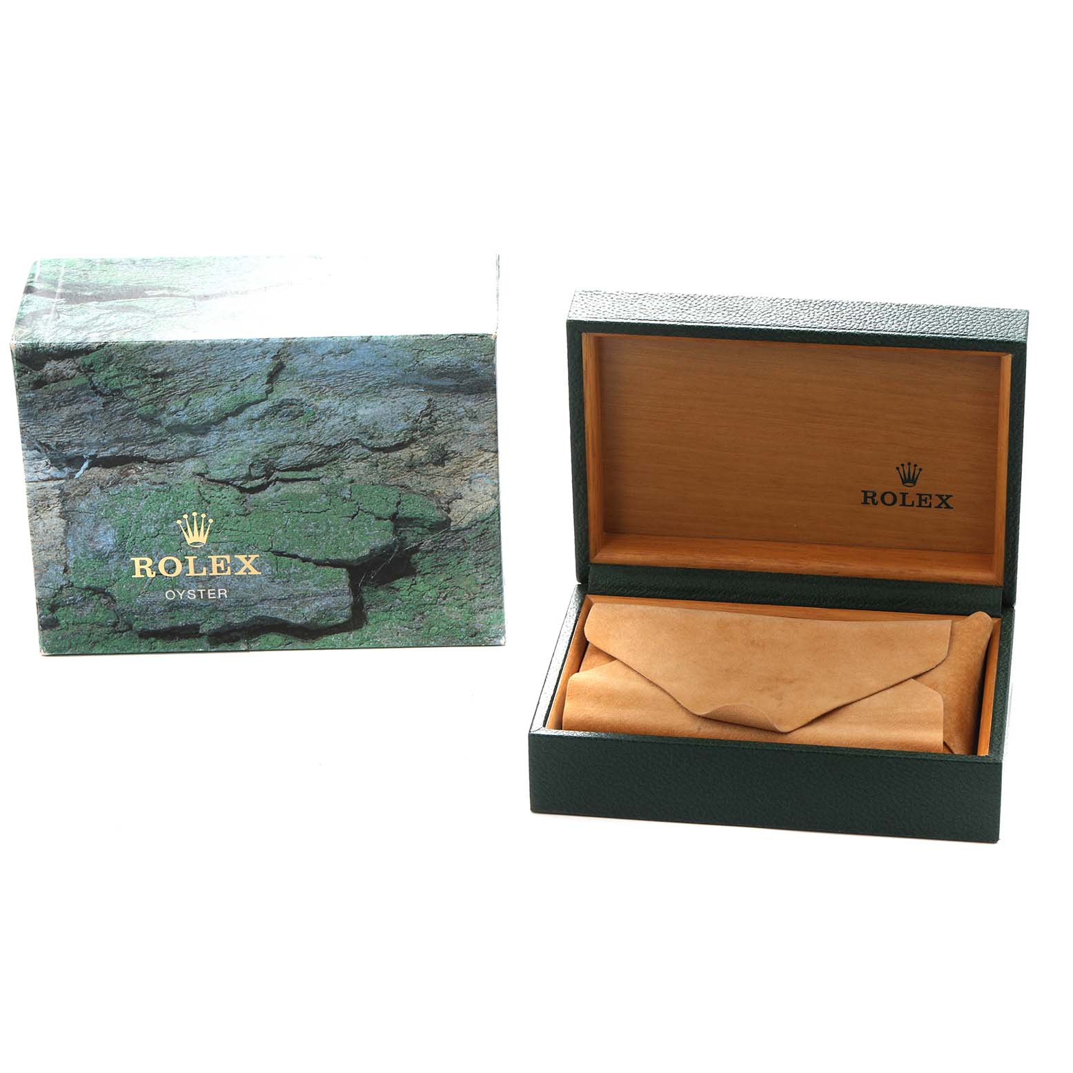 The image shows a Rolex GMT-Master 16700 Men
s Stainless Steel Black Dial watch box, with an open interior lined with tan suede and a closed outer box with a green pattern.