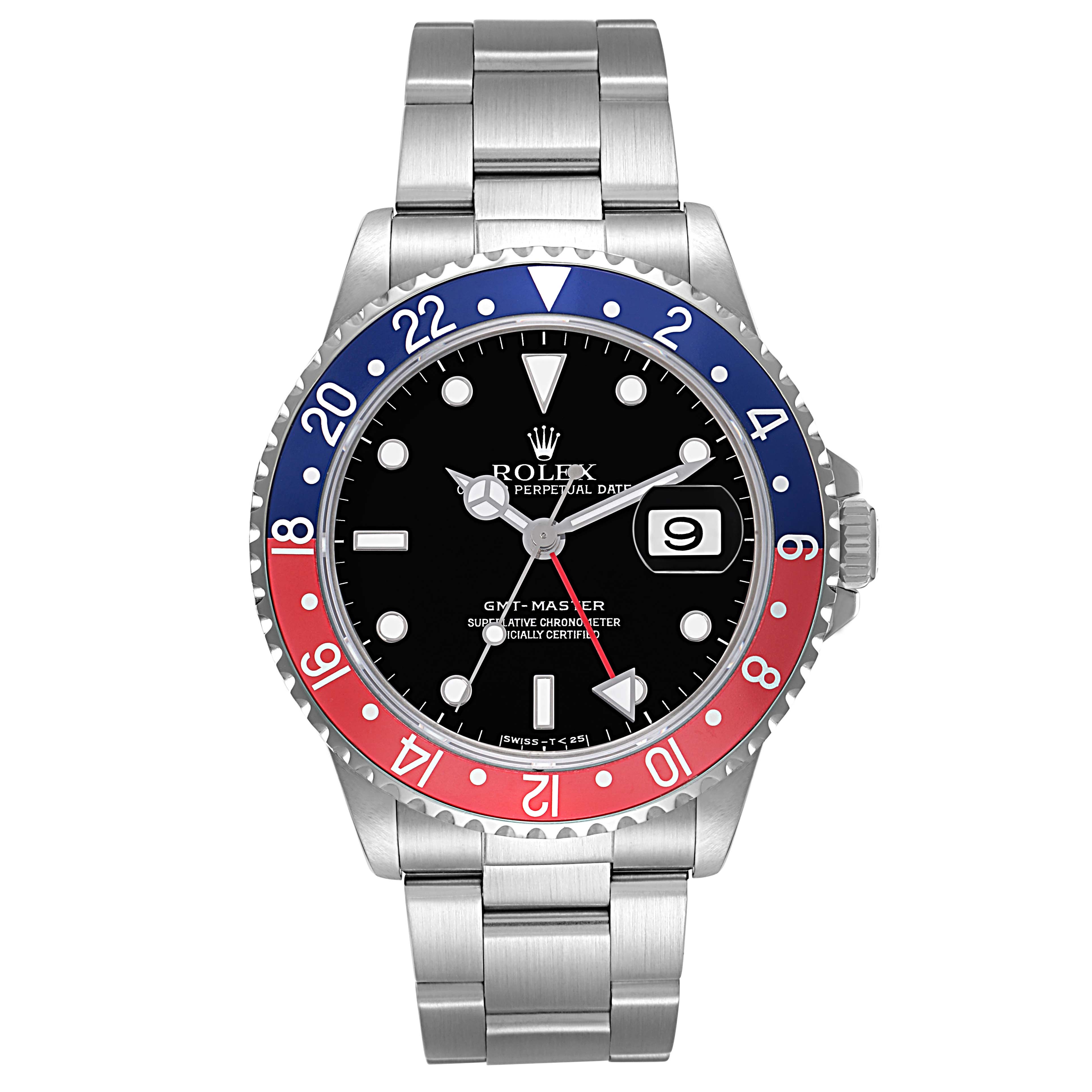 The Rolex GMT-Master 16700 Men
s Stainless Steel Black Dial watch is shown from a top-down view, highlighting the bezel, dial, hands, and bracelet.