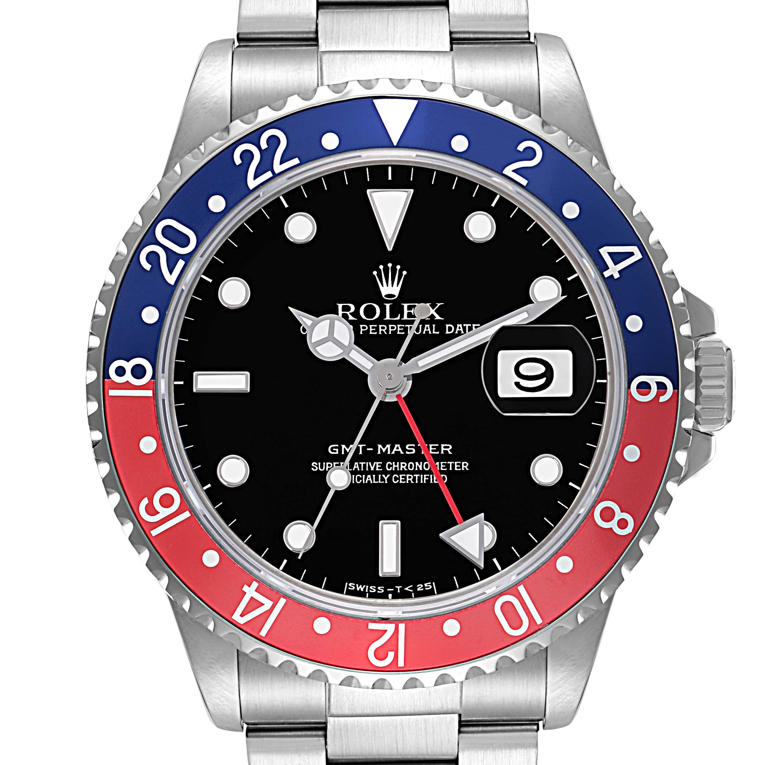 The Rolex GMT-Master 16700 Men
s Stainless Steel Black Dial watch is shown from a frontal angle, displaying its dial, bezel, hands, and part of the bracelet.