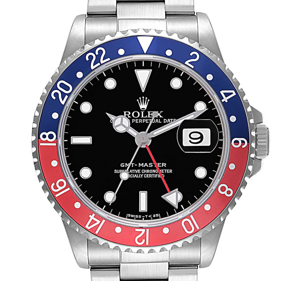 The image shows a frontal view of a Rolex GMT-Master Model 16700 with a red and blue bezel, black dial, and metal bracelet.