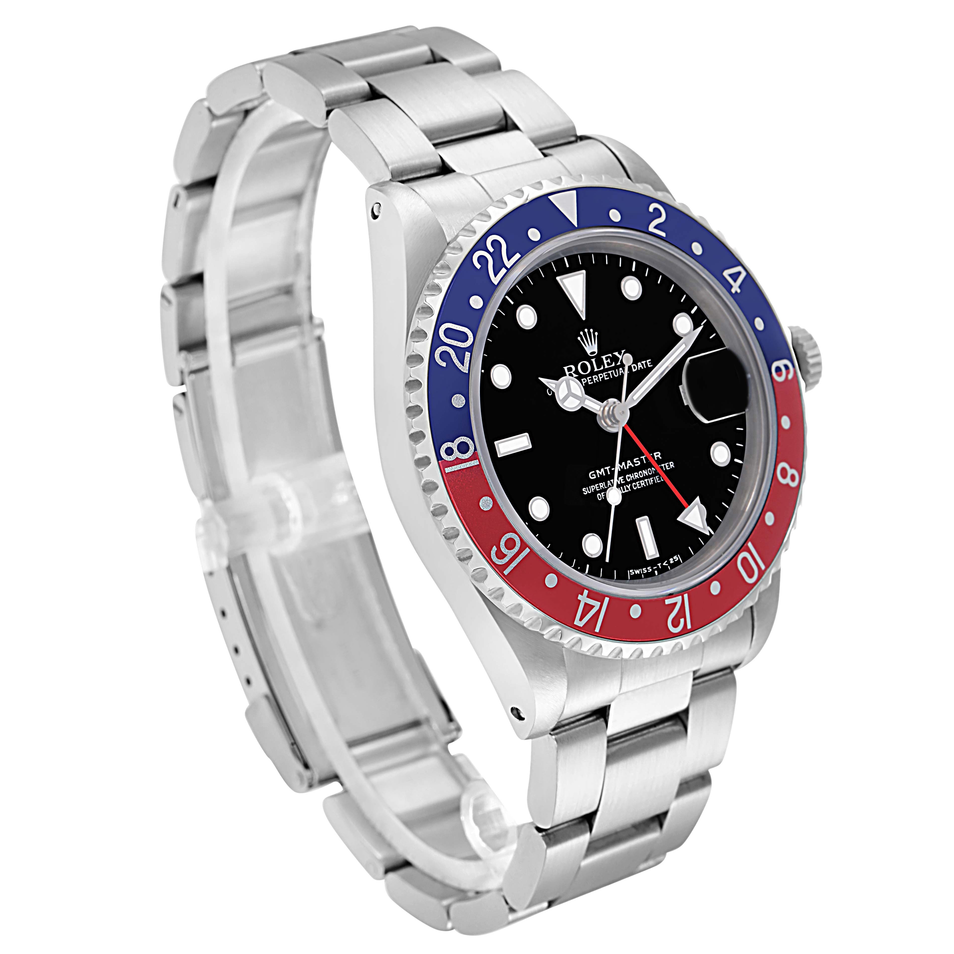 The Rolex GMT-Master 16700 Men
s Stainless Steel Black Dial watch is shown at a side angle, displaying the bezel, dial, crown, and bracelet.