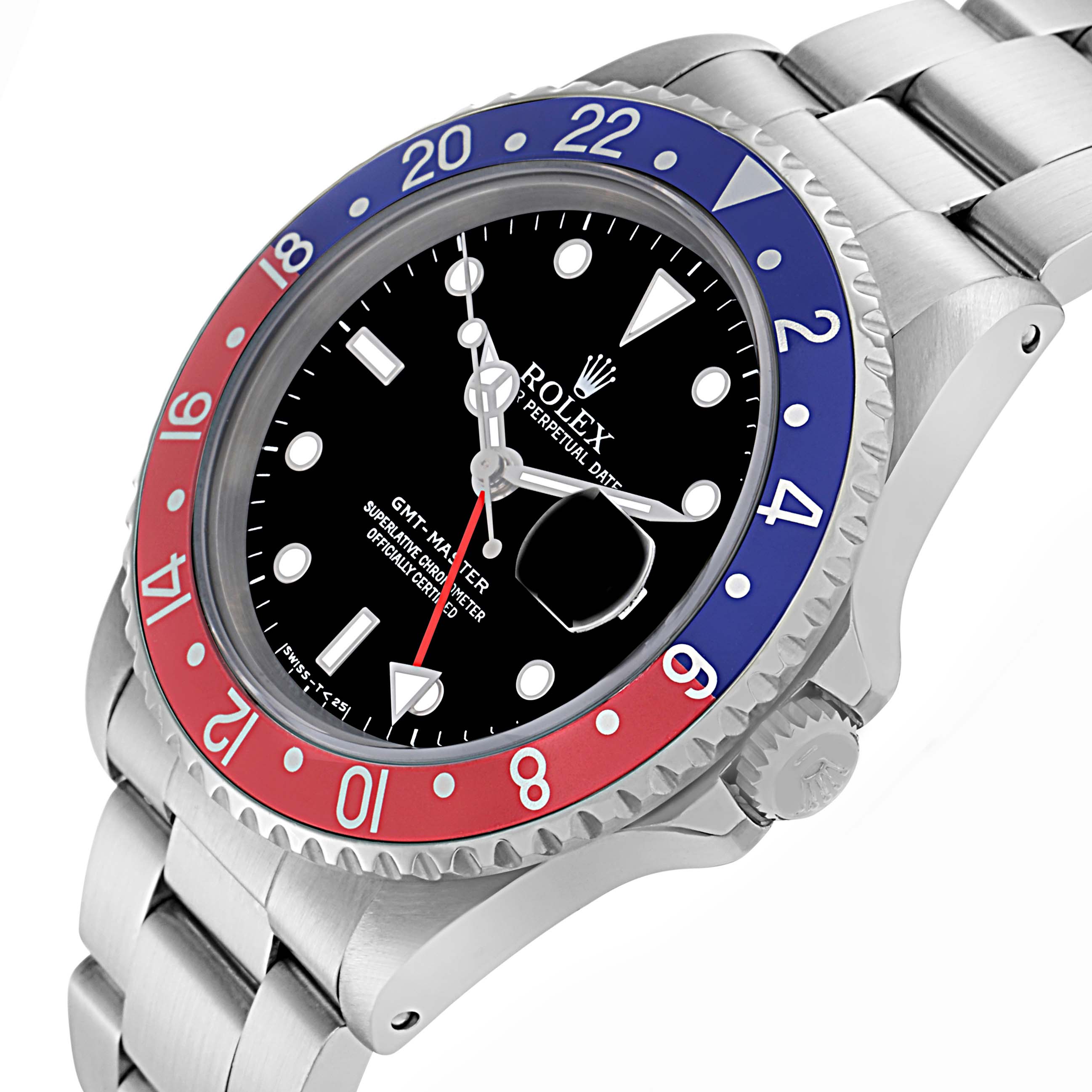 The Rolex GMT-Master 16700 Men
s Stainless Steel Black Dial is shown at an angled side view, highlighting its bezel, dial, crown, and bracelet.