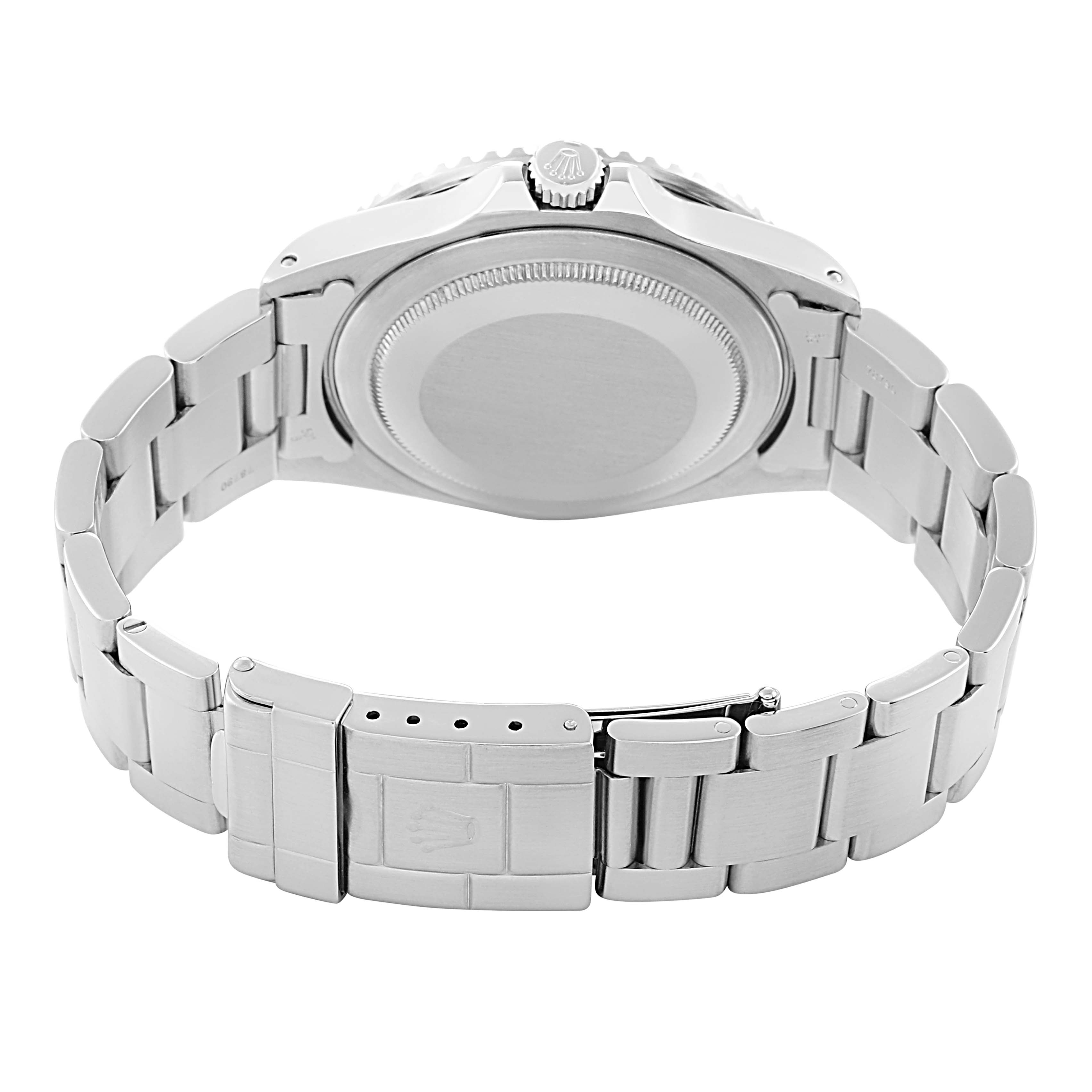 The image shows the back view of a Rolex GMT-Master 16700 Men
s Stainless Steel Black Dial, highlighting the case back, crown, and bracelet clasp.